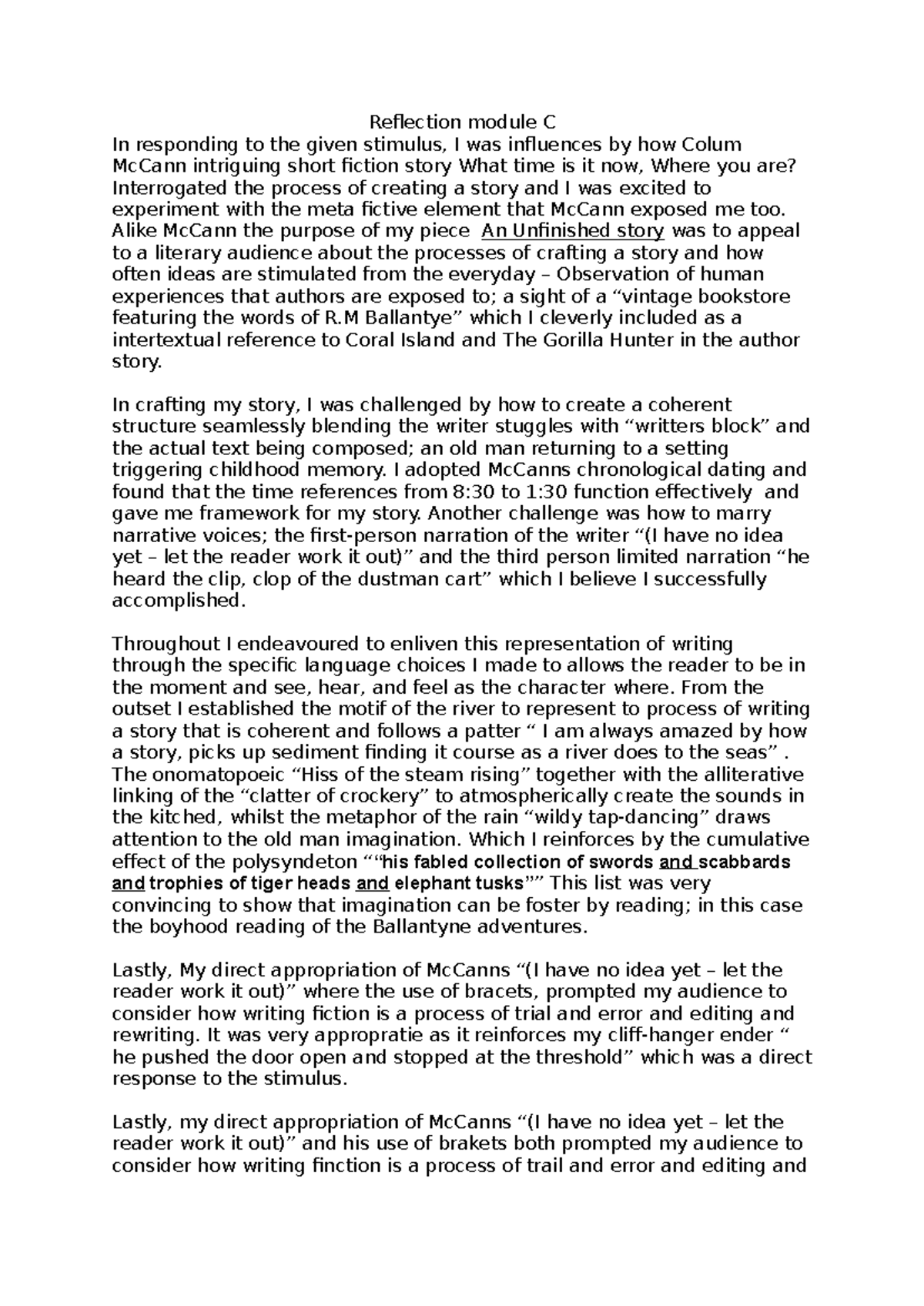 Reflection Module C: Crafting Stories Inspired by Colum McCann - Studocu