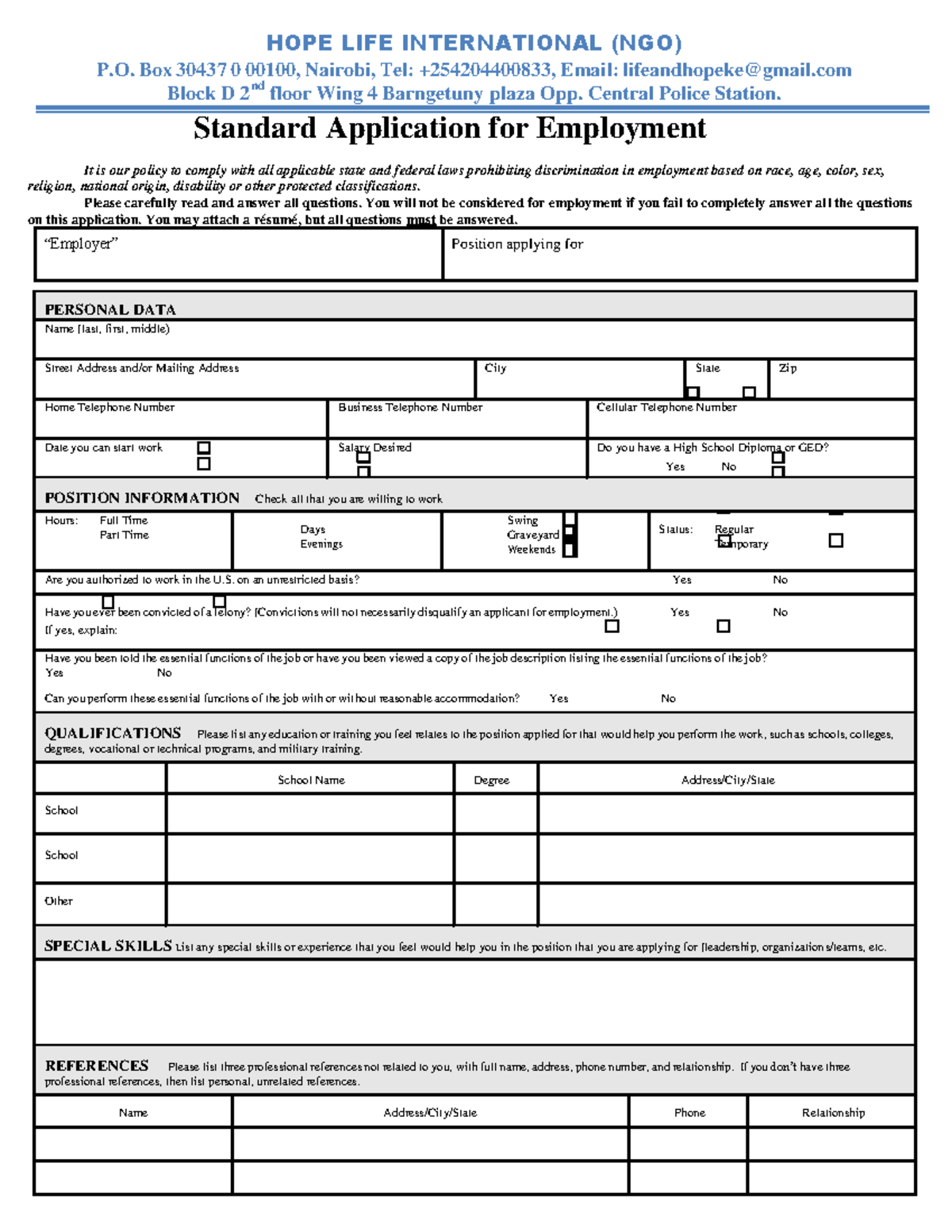 Hope Life International Employment Application Form - Studocu