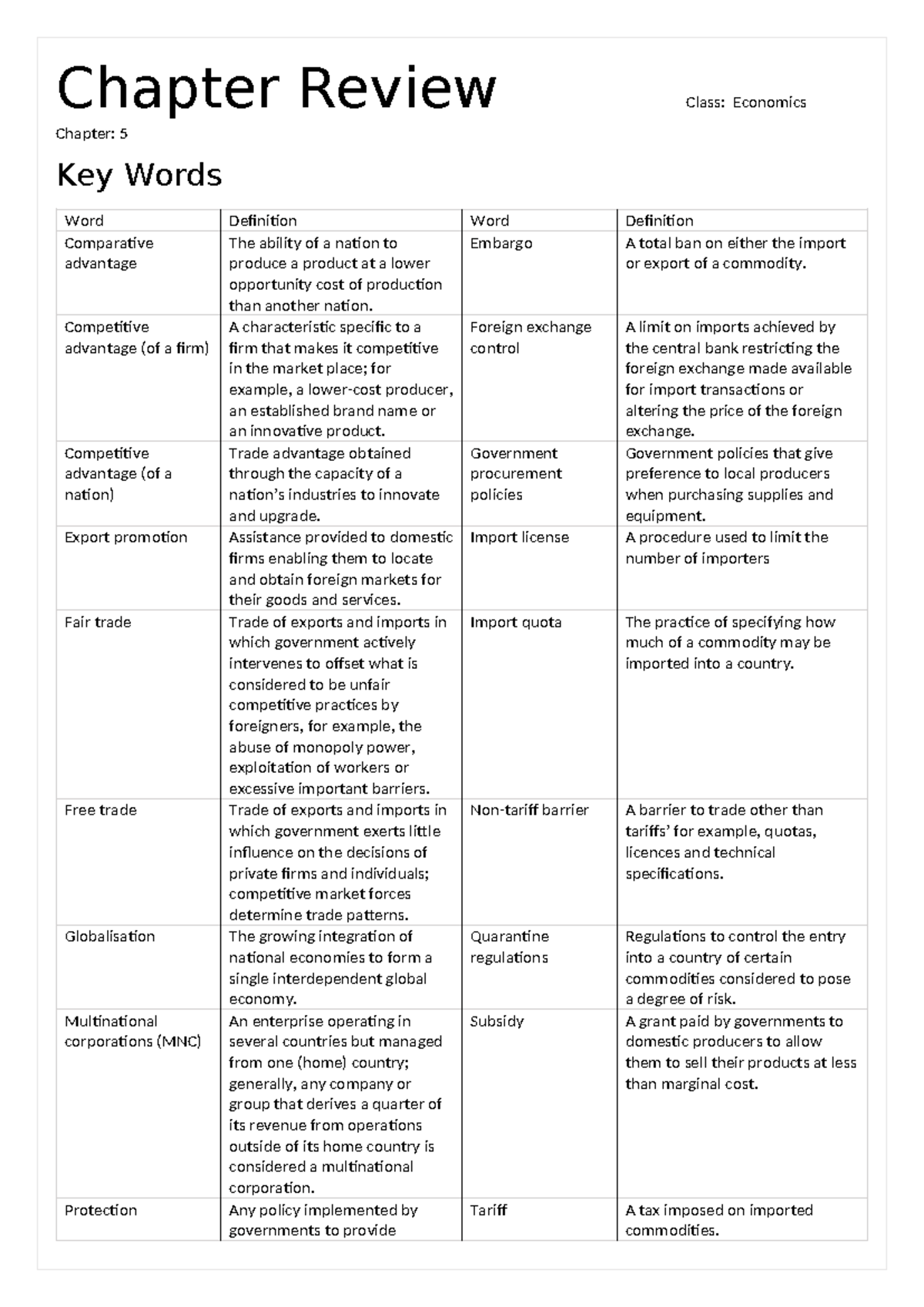 economics Unit 3 & 4 chapter 5 review notes - Chapter Review Class ...