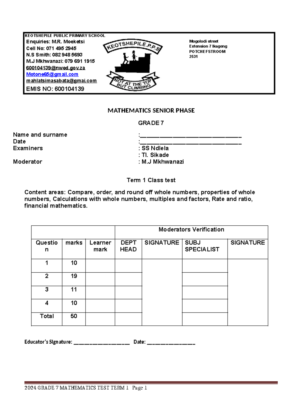 Grade 7 Mathematics Term 1 Test 2024 - Class Assessment - Studocu