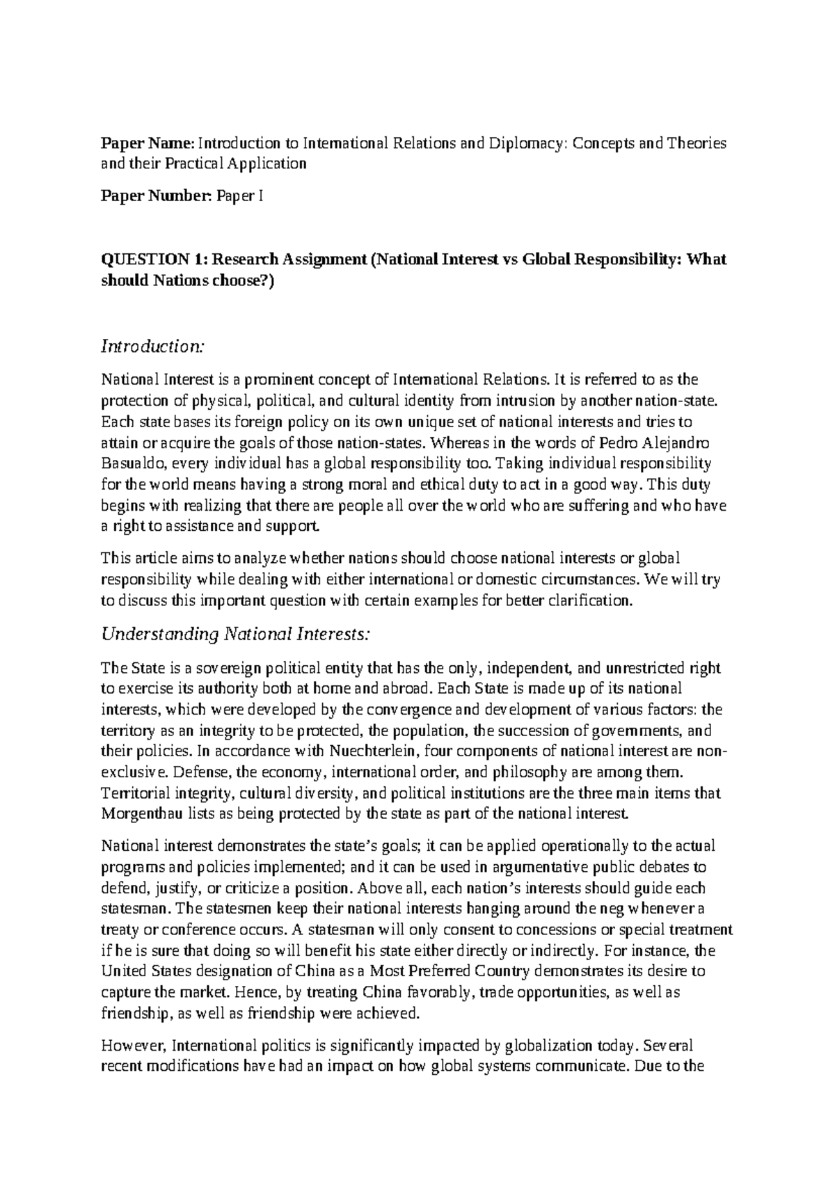 Paper I: National Interest vs Global Responsibility in IR and Diplomacy ...