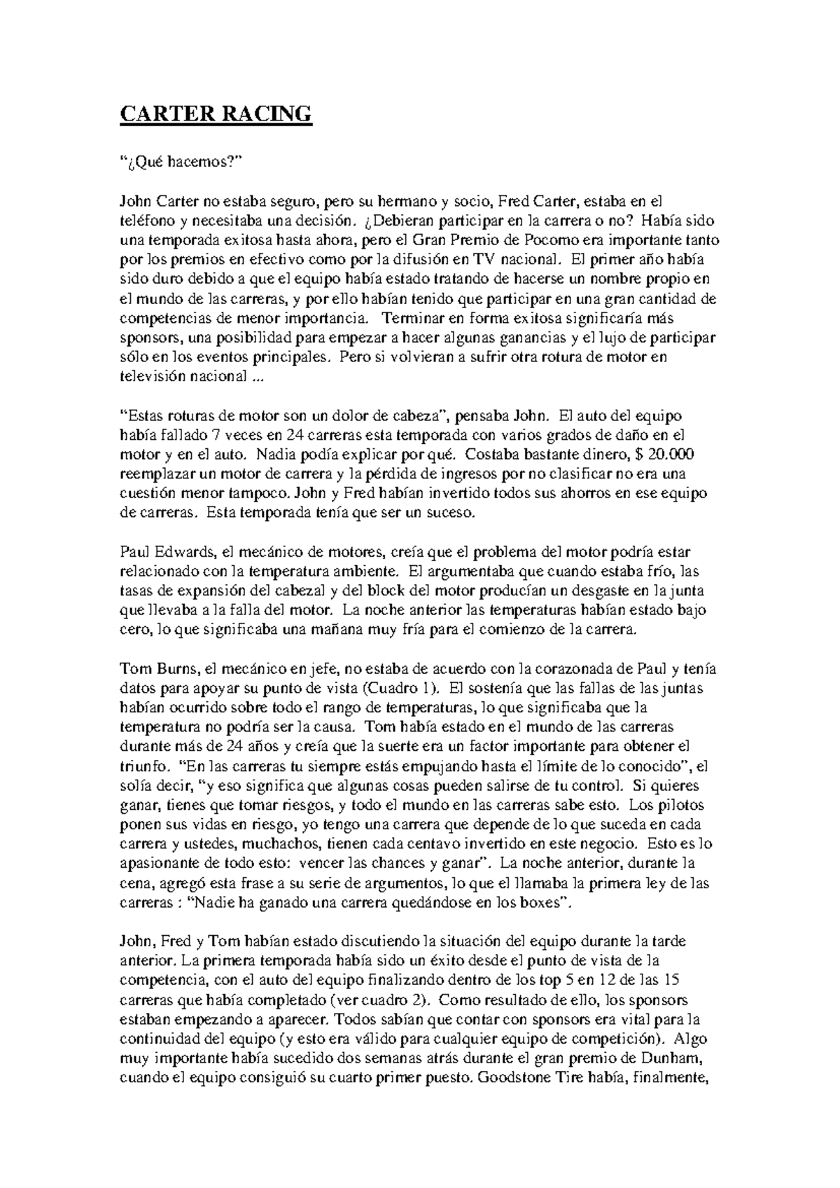 Carter Racing Case Study - Analysis and Decision Making - Studocu