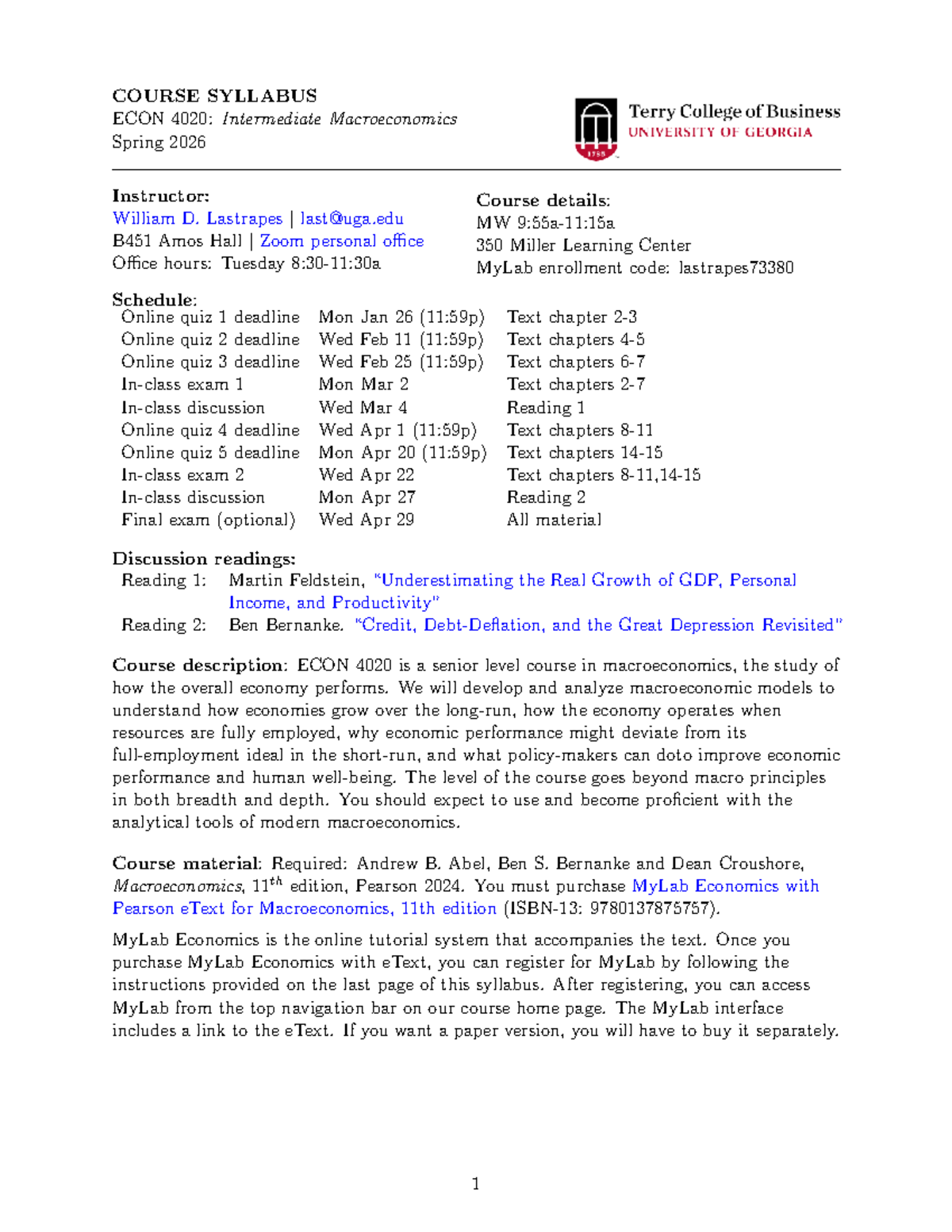 Econ 4020: Intermediate Macroeconomics Syllabus - Spring 2026 - Studocu