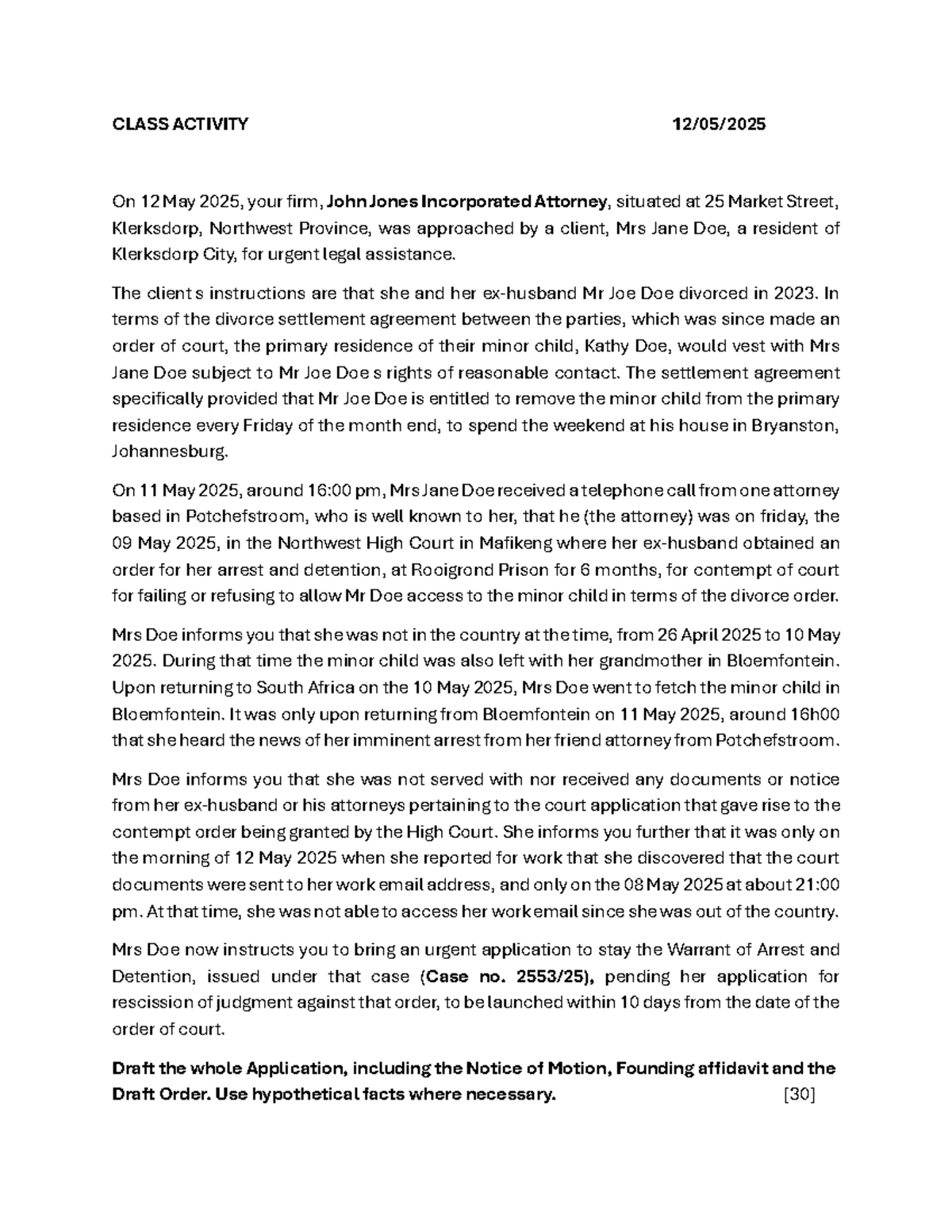 Legal Application Draft: Urgent Stay of Arrest Warrant - Class Activity ...