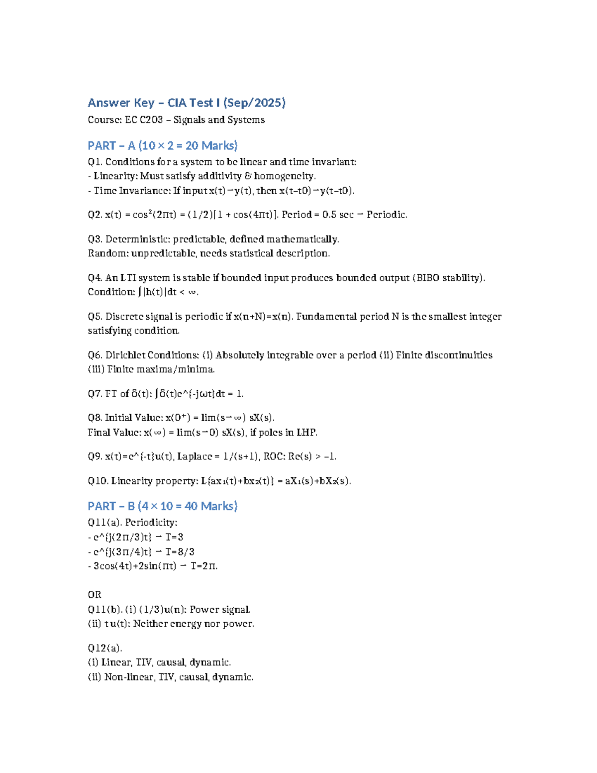 Answer Key CIA Test I - EC C203 Signals and Systems - Studocu