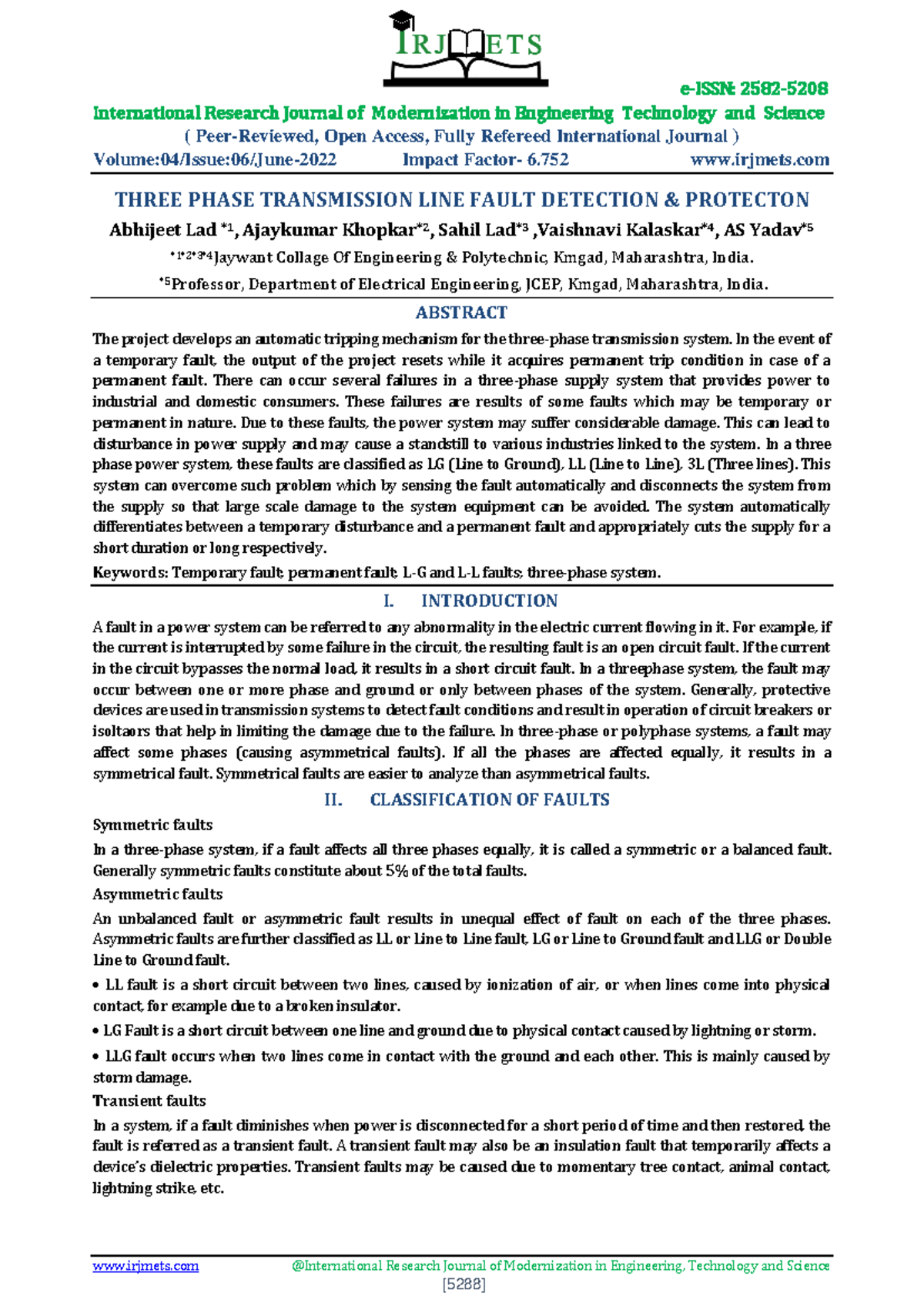 Three Phase Transmission Line Fault Detection and Protection (IRJMETS ...