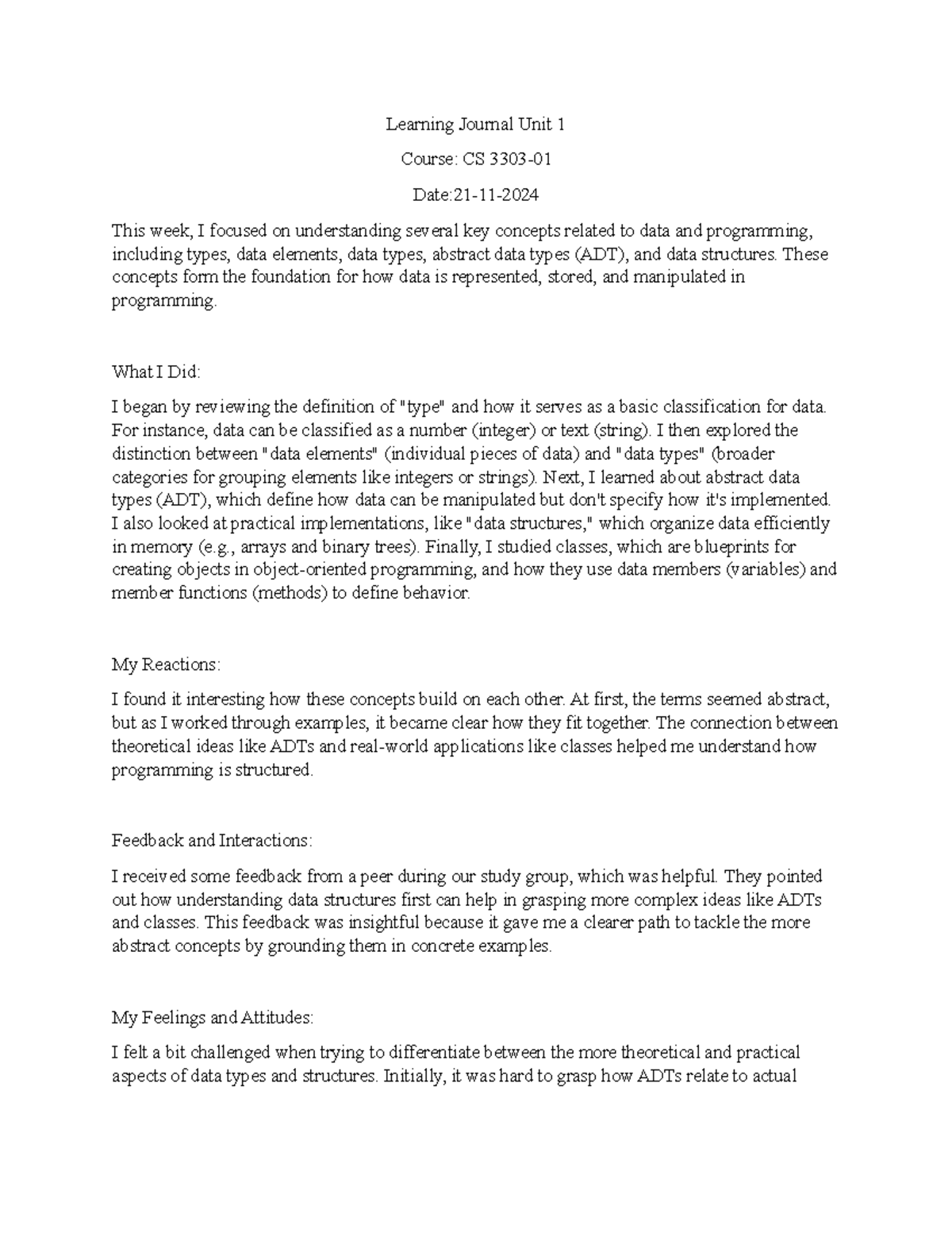 Learning Journal Unit 1: Key Concepts in Data & Programming (CS) - Studocu