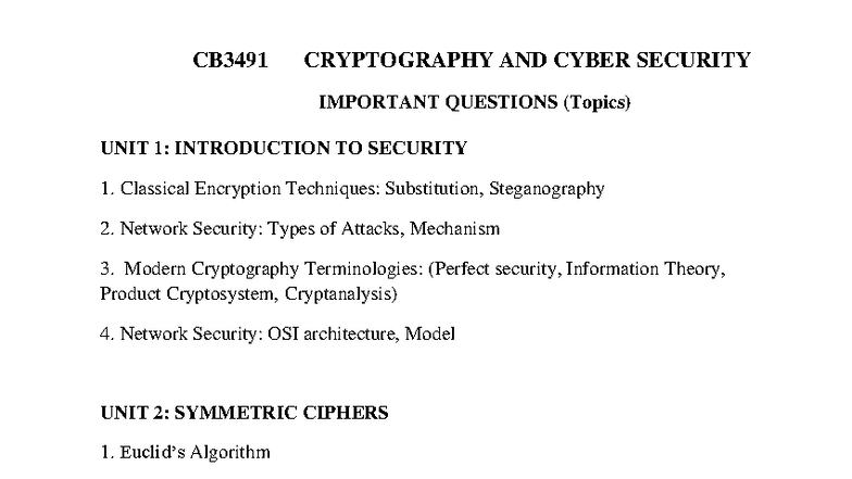 CB3491 CRYPTOGRAPHY AND CYBER SECURITY: ALL UNIT IMPORTANT Qs - Studocu