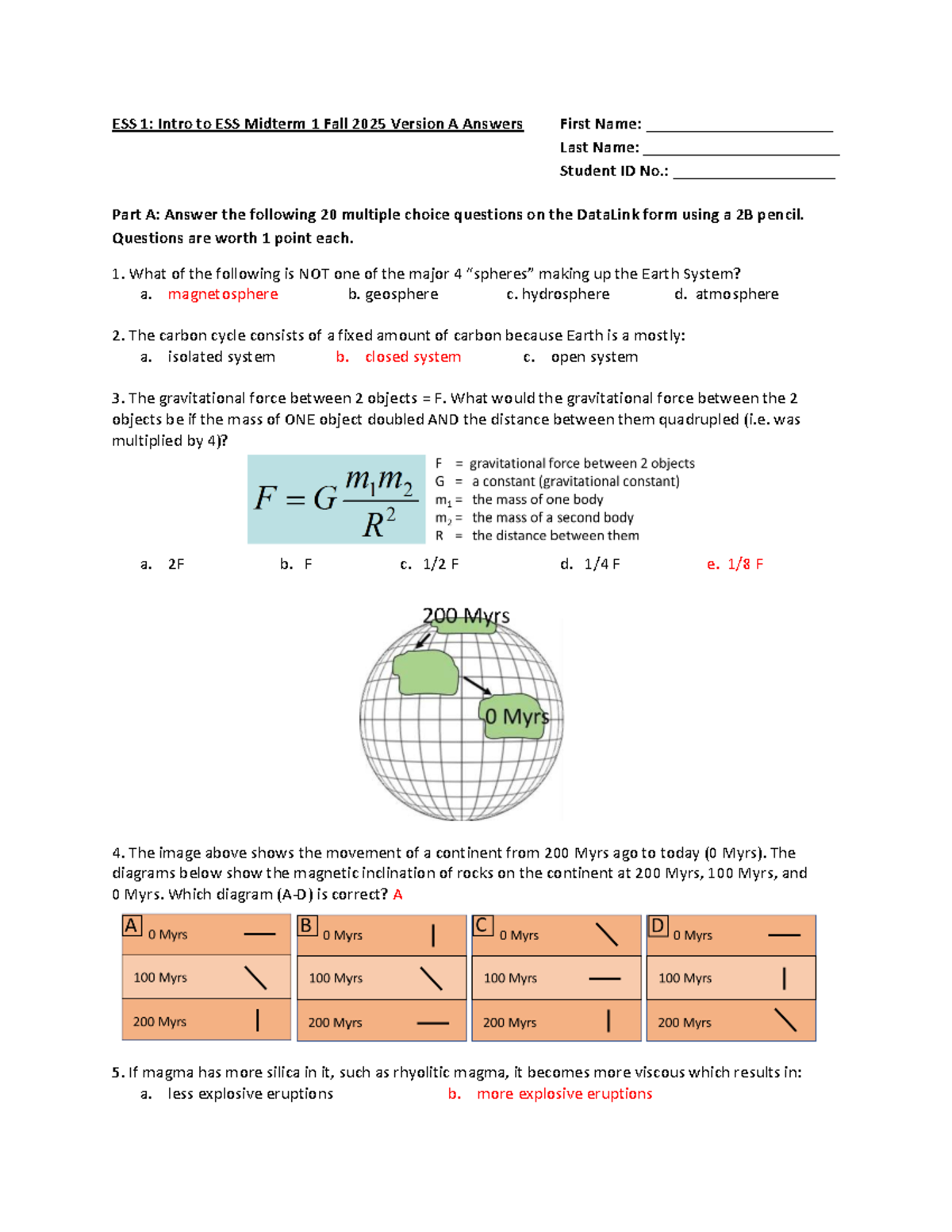 ESS 1: Intro to ESS Midterm 1 Fall 2025 Version A Answer Key - Studocu