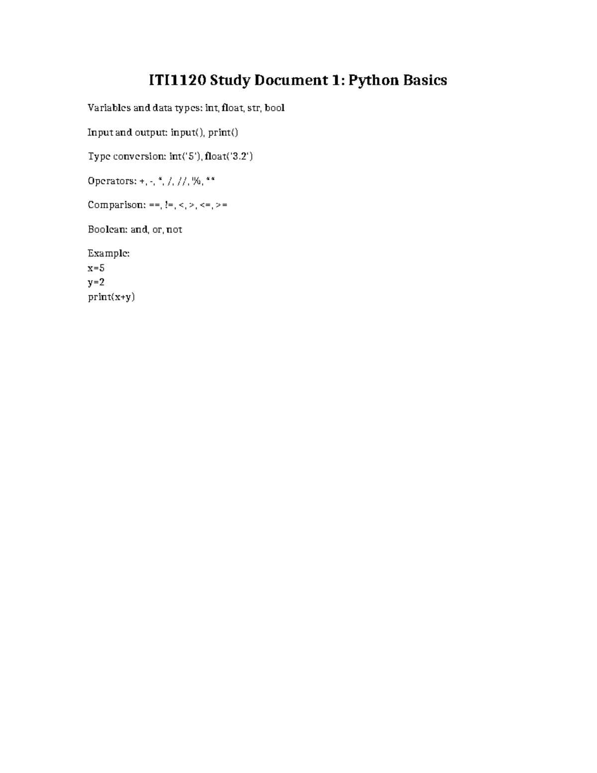 ITI1120 Document 1 Python Basics - ITC1001 - ITI1120 Study Document 1 ...