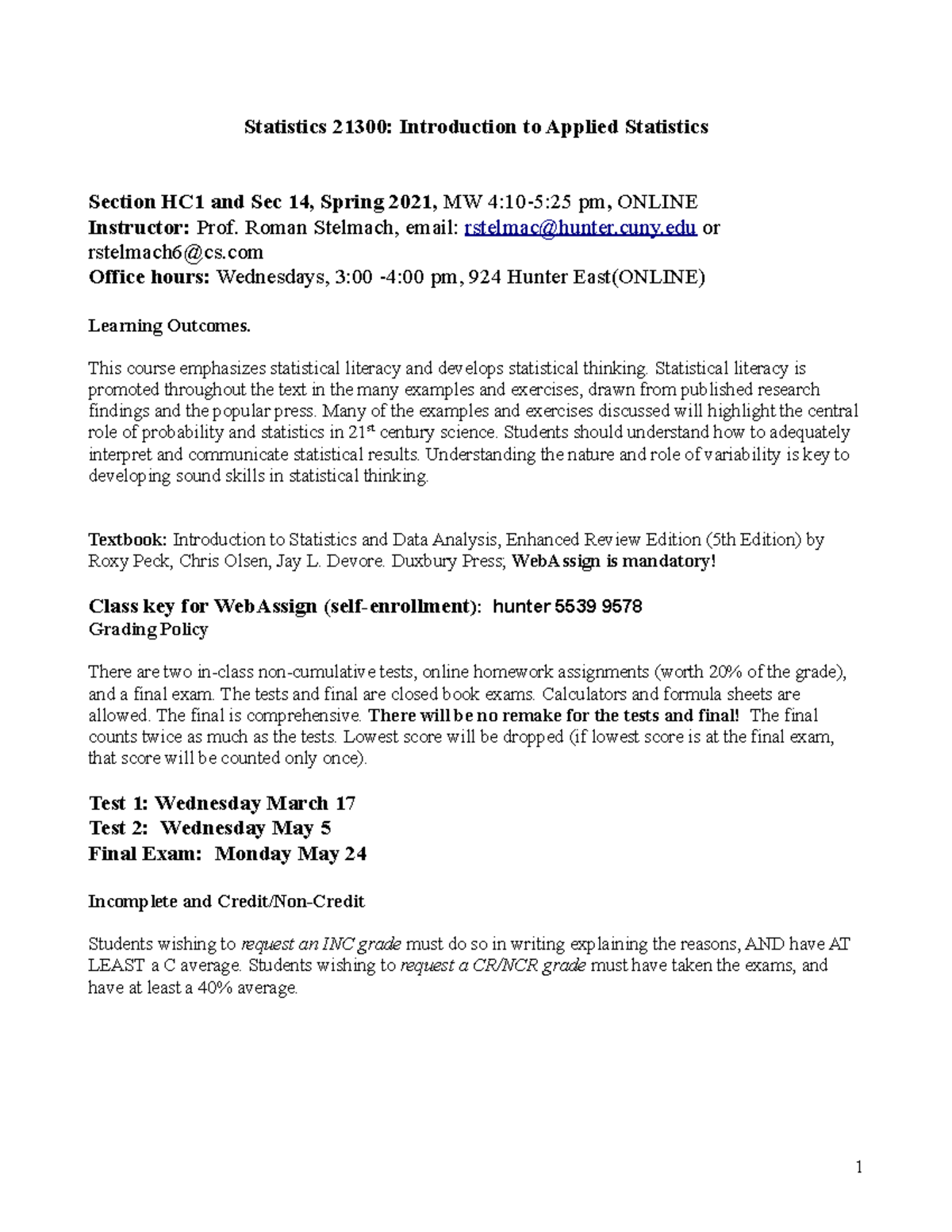 Stat213 Spring 2021 Course Syllabus & Outline for HC1 and Sec 14 - Studocu