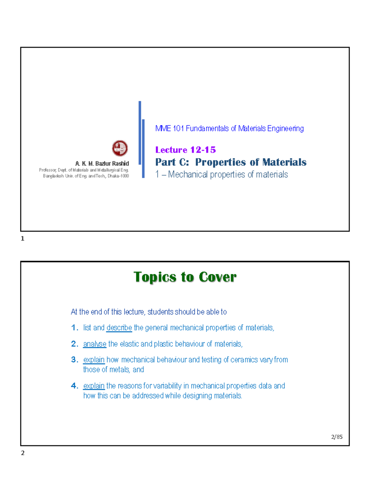 MME 101 Lecture: Mechanical Properties of Materials Overview and ...