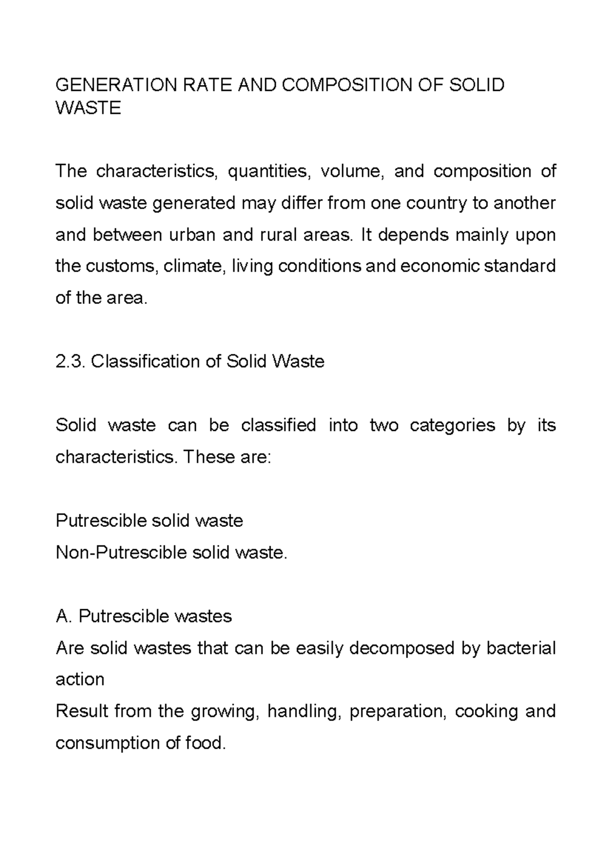 Generation RATE AND Composition OF Solid Waste - GENERATION RATE AND ...