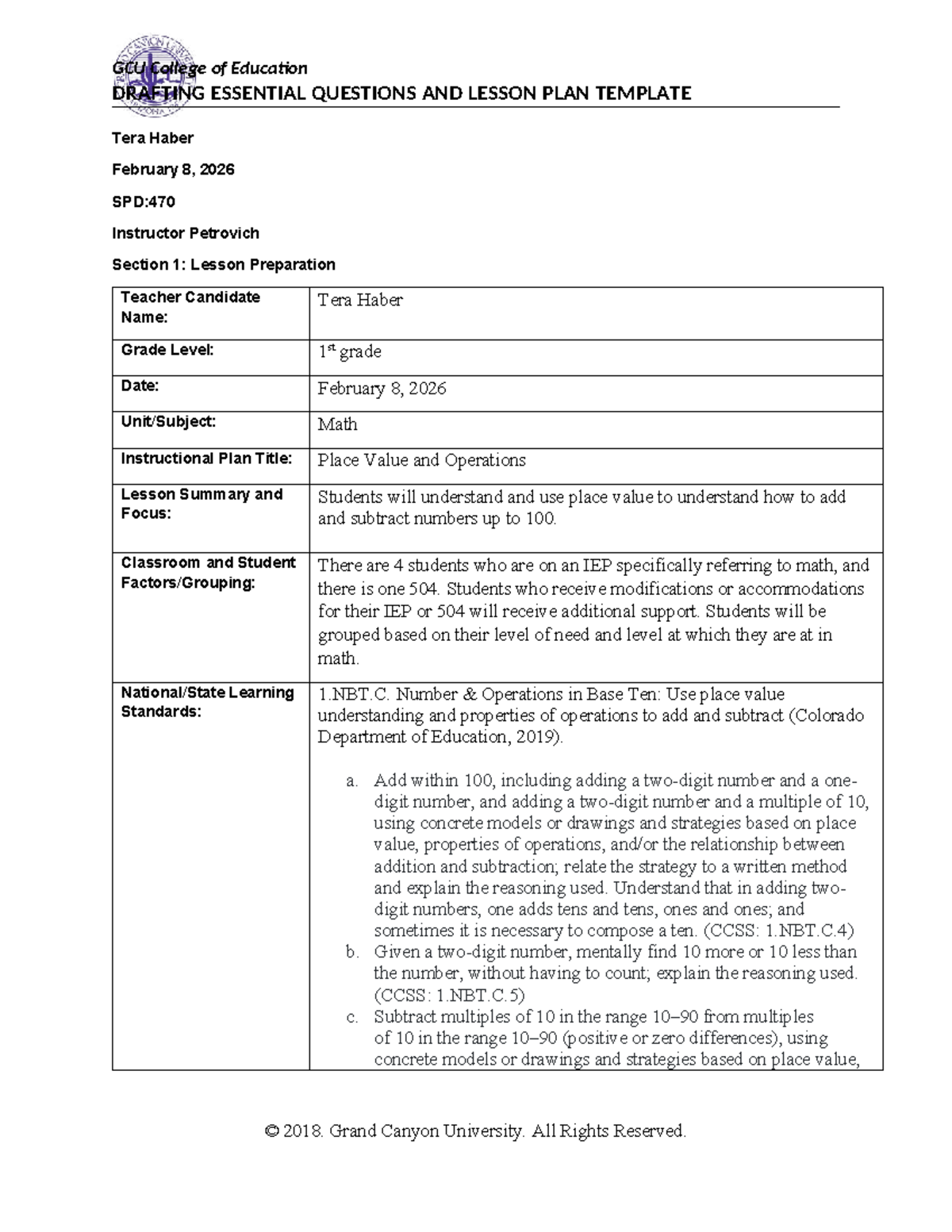 GCU SPD:470 Lesson Plan Template for Place Value & Operations - Studocu