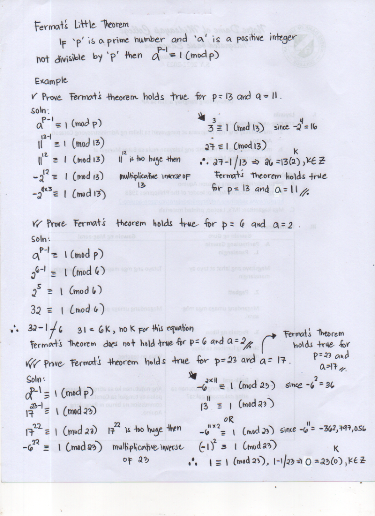 Fermat's Little Theorem Lecture Notes for Math 101 - Studocu