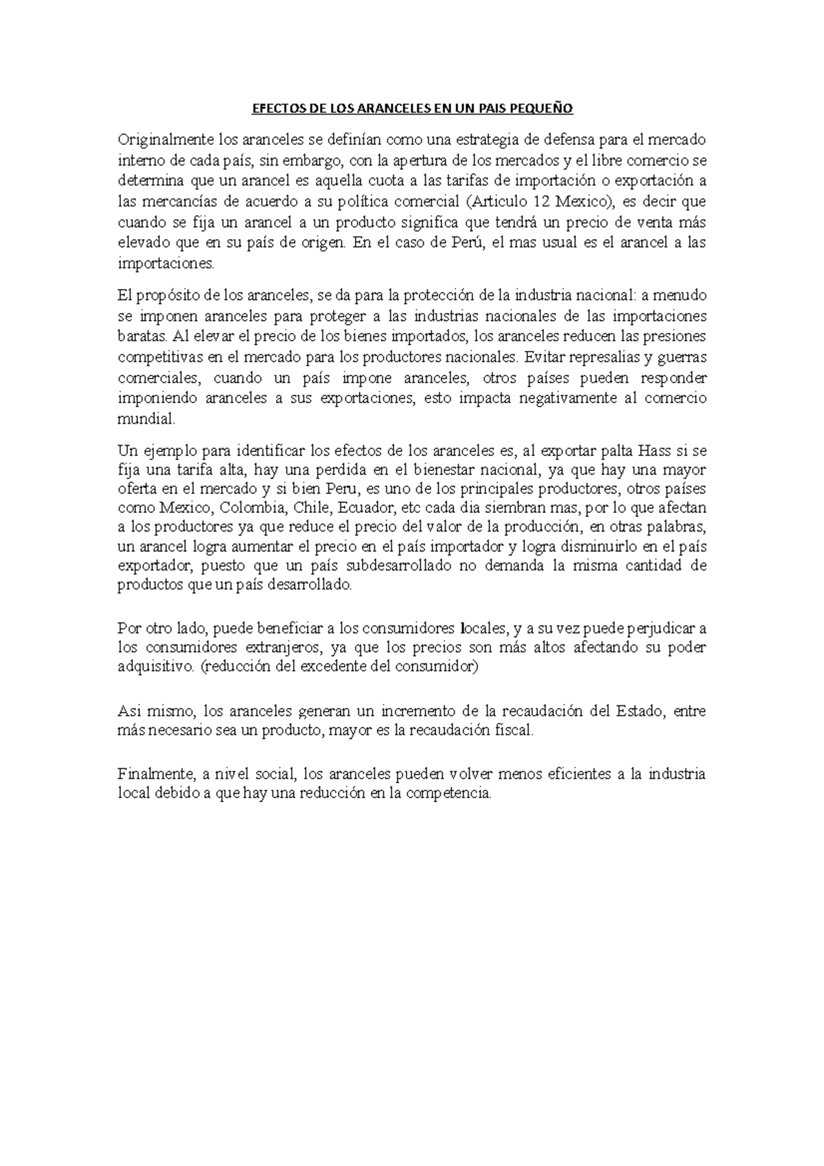 Efectos de los Aranceles en el Comercio de Países Pequeños - Studocu