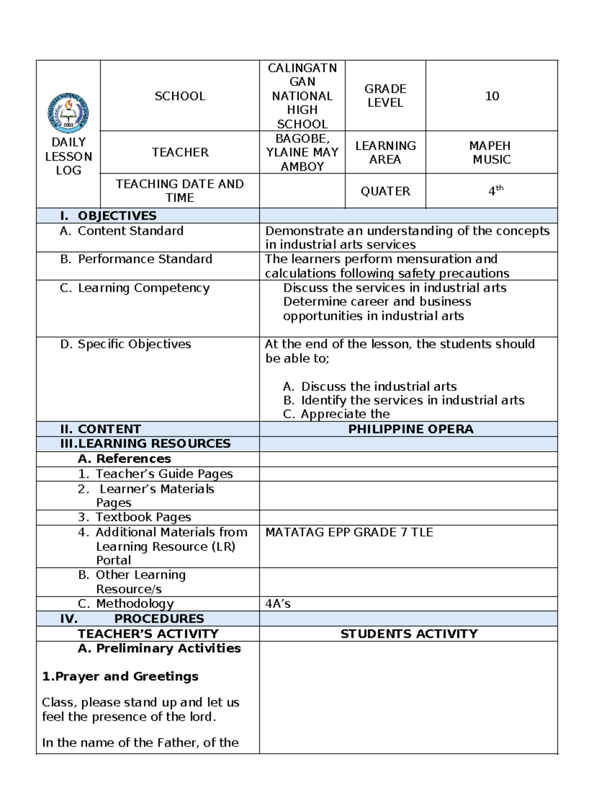 Detailed Lesson Plan for MAPEH Grade 10 by Ylaine May Bagobe - Studocu