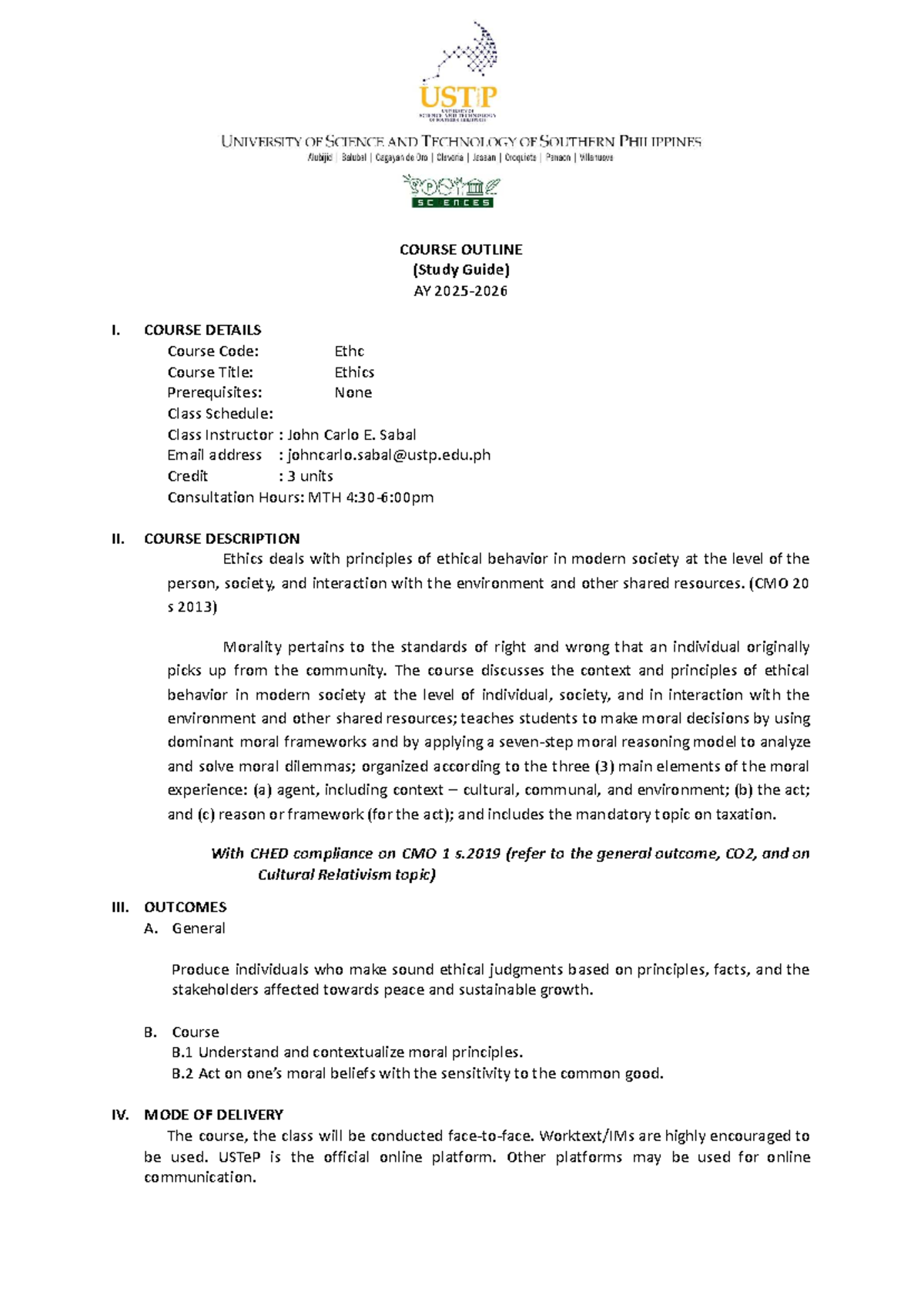 2501 USTP Ethics Course Outline and Study Guide for AY 2025-2026 - Studocu