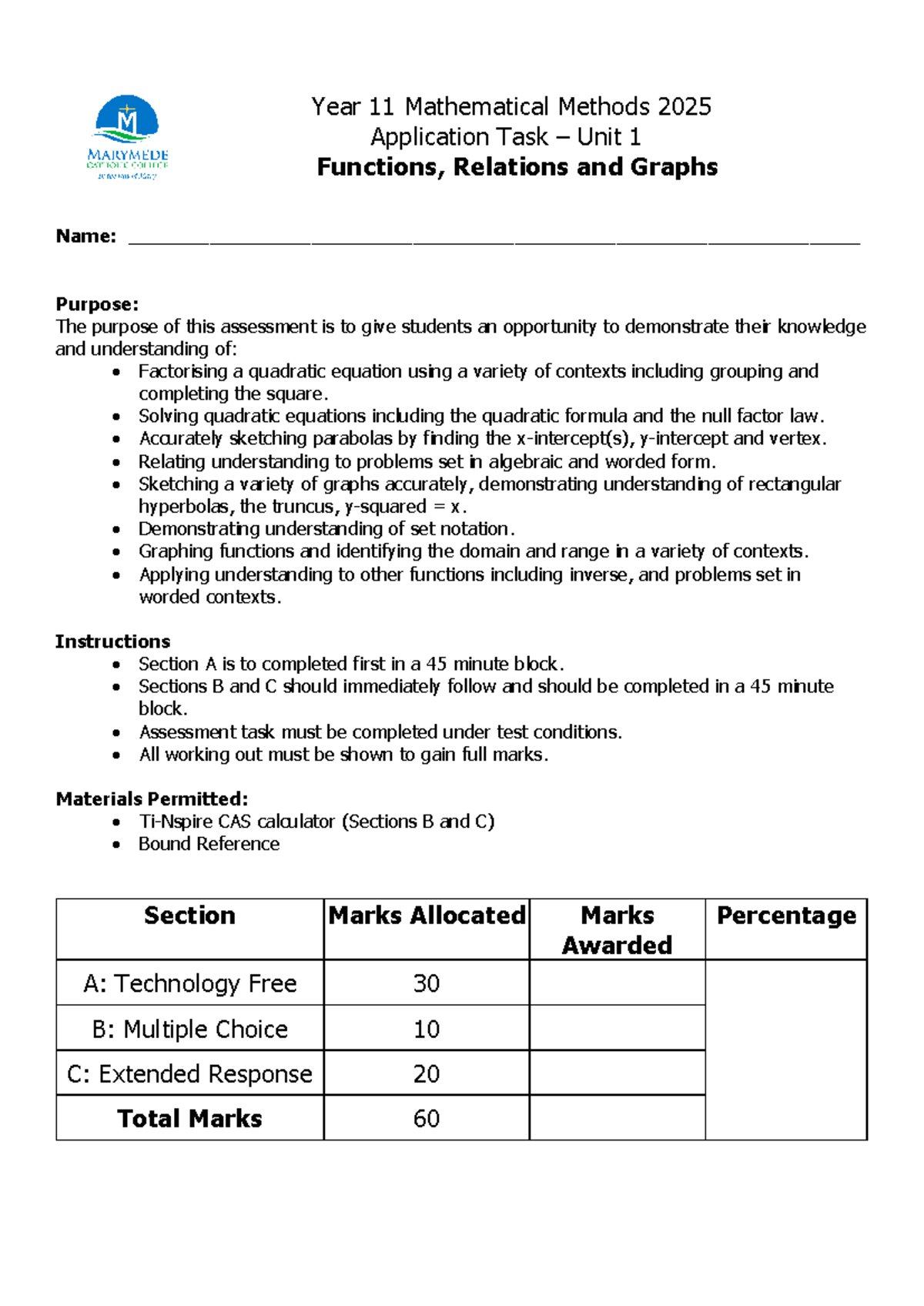 2025 Year 11 Mathematical Methods SAC 1: Functions & Graphs - Studocu