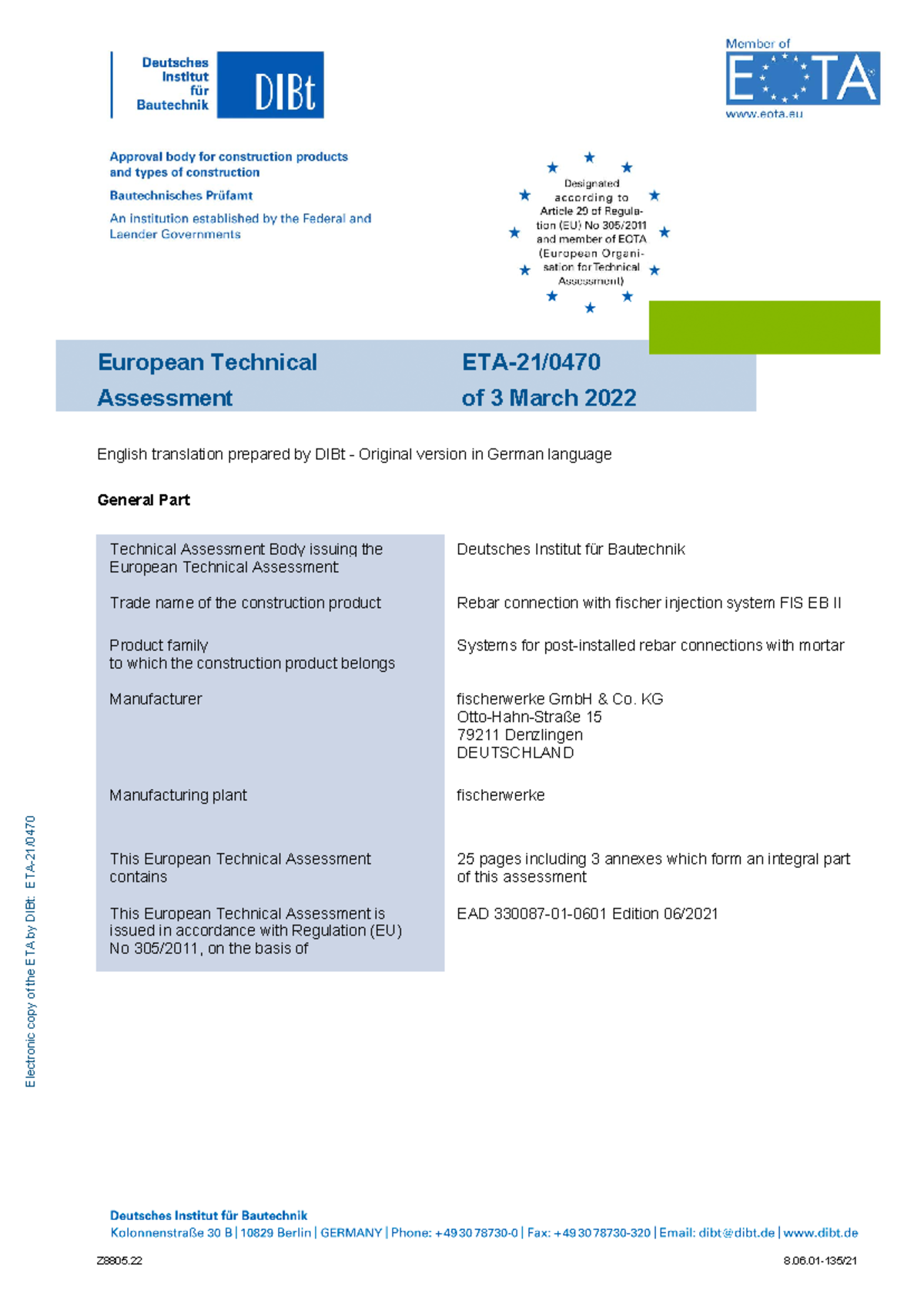 European Technical Assessment ETA-21 for Rebar Connection FIS EB II ...