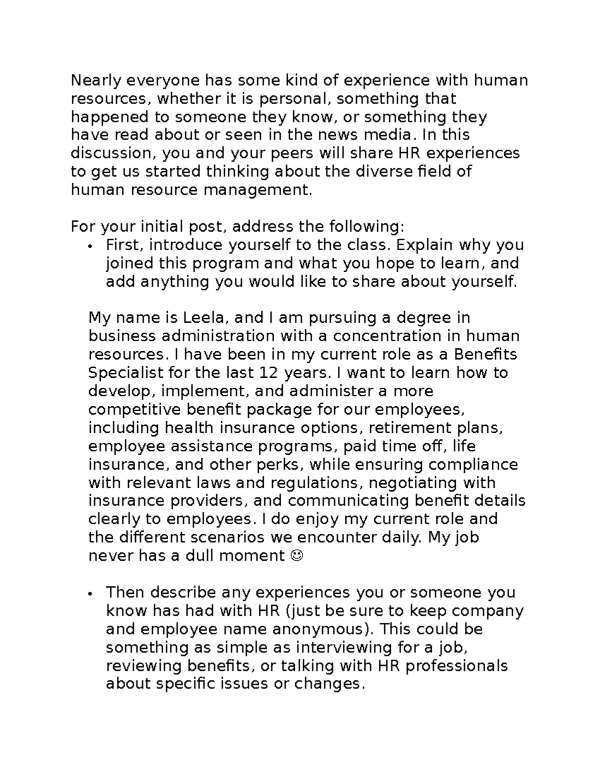 HR Discussion: Sharing Personal Experiences in Human Resources - Studocu
