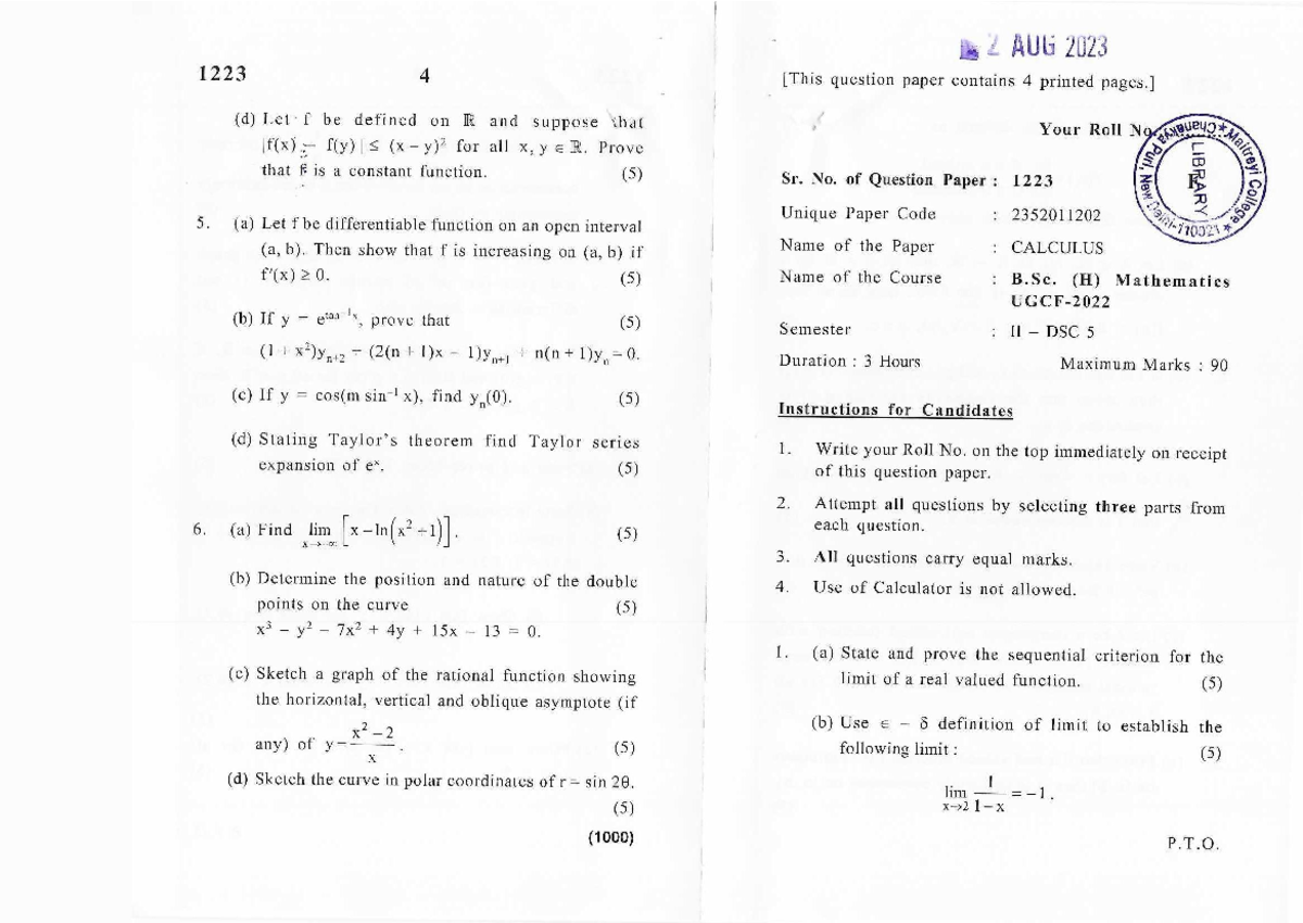 Calculus Question Paper - B.Sc. (H) Mathematics II Semester 1223 - Studocu