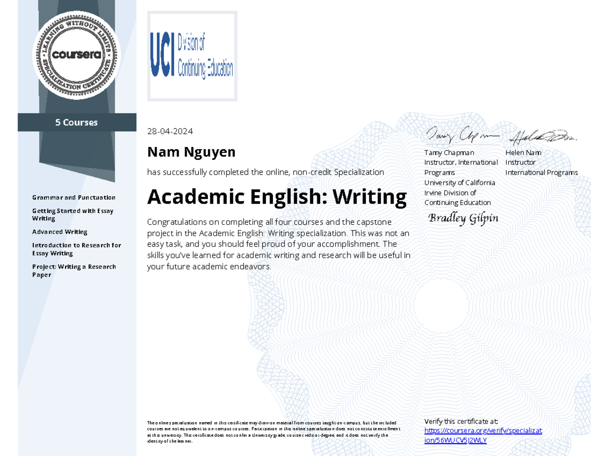 Academic English: Writing Specialization Completion Certificate - Studocu