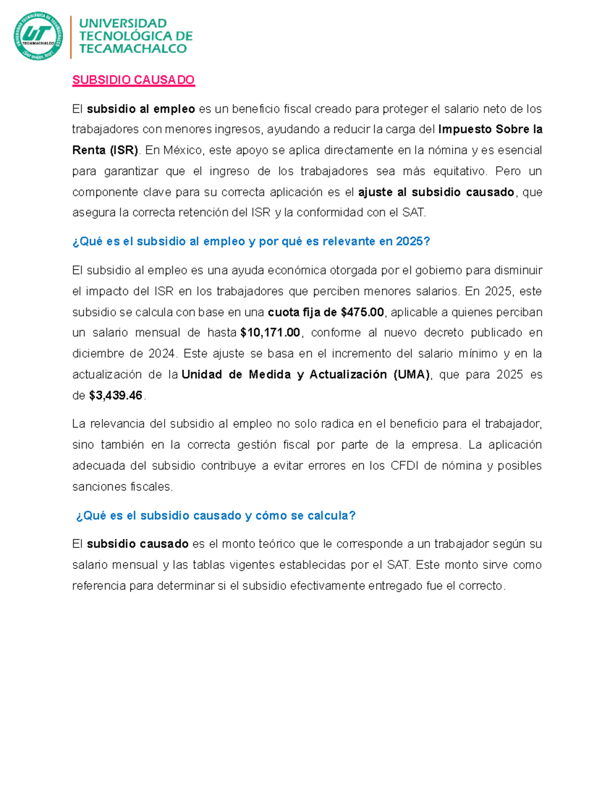 Ajuste y Cálculo del Subsidio Causado en el Empleo - 2025 - Studocu