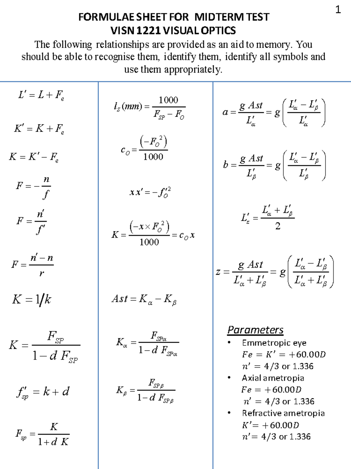 VISN1221 Midterm Test Formulas for Visual Optics - Studocu