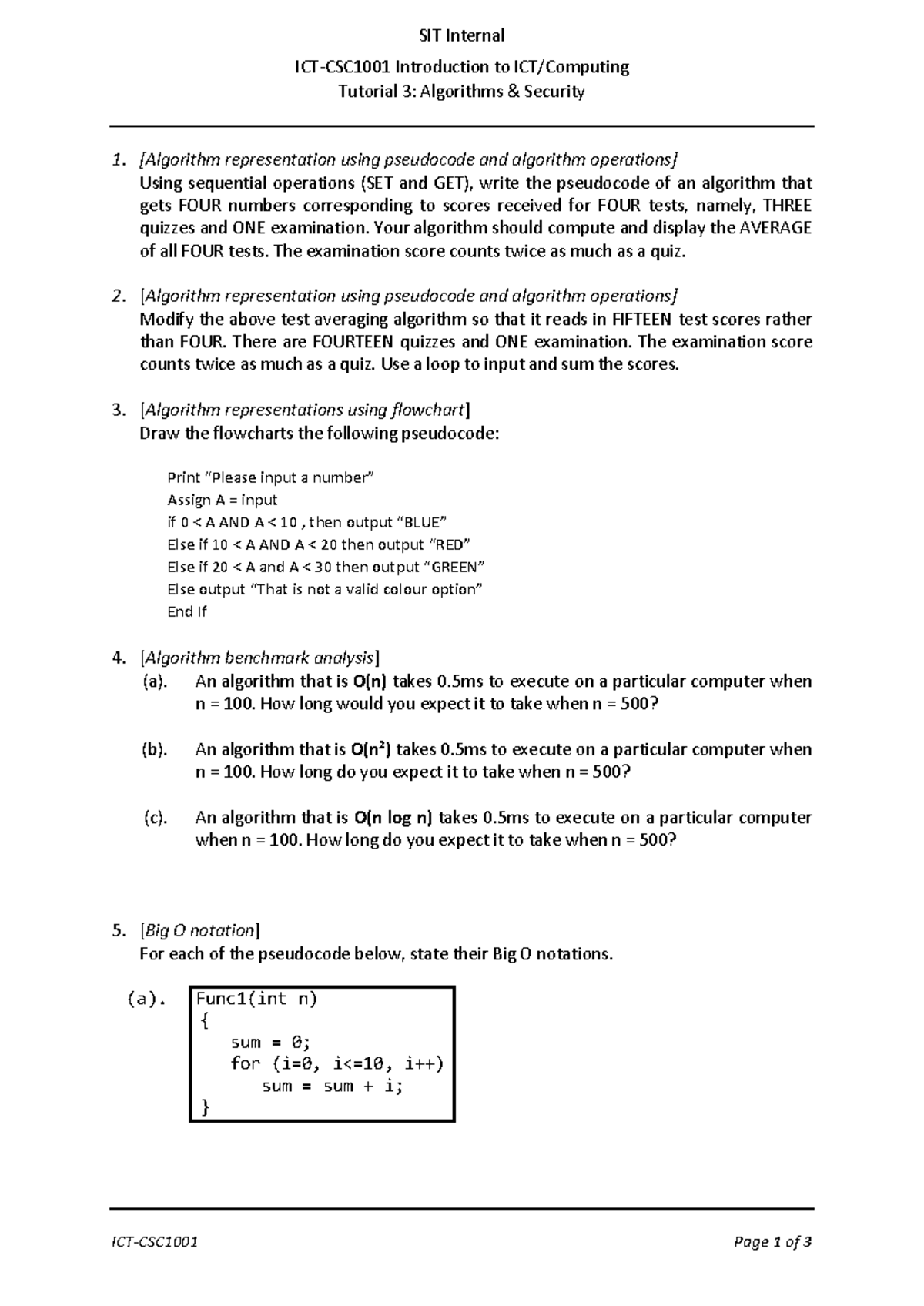 ICT-CSC1001-Tutorial 3: Algorithms & Security Concepts Explained - Studocu