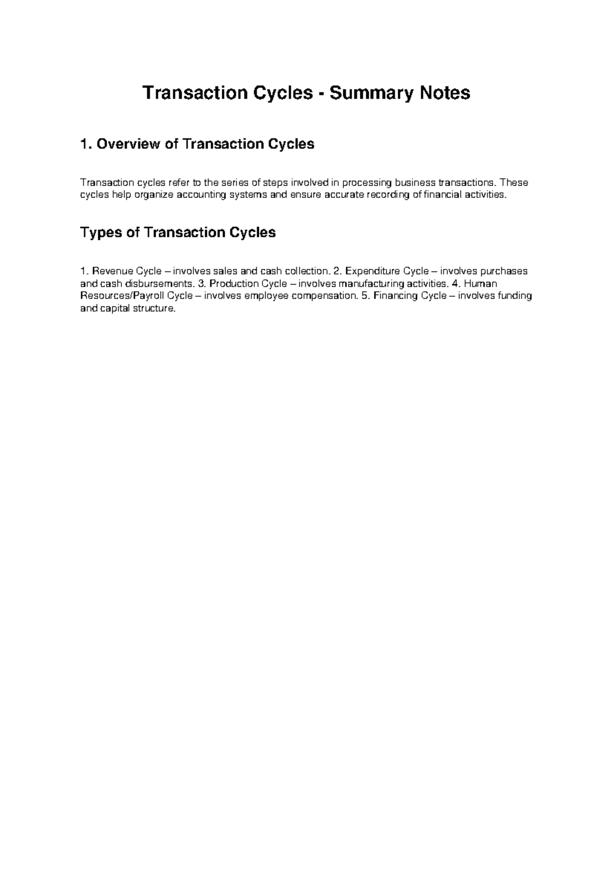 Transaction Cycles Summary Notes: Overview & Key Activities - Studocu