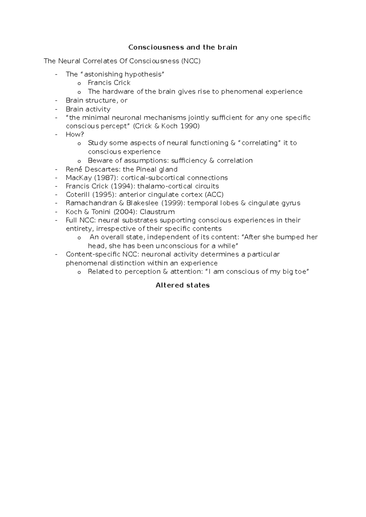 (W4) Lecture Notes on Neural Correlates of Consciousness (NCC ...
