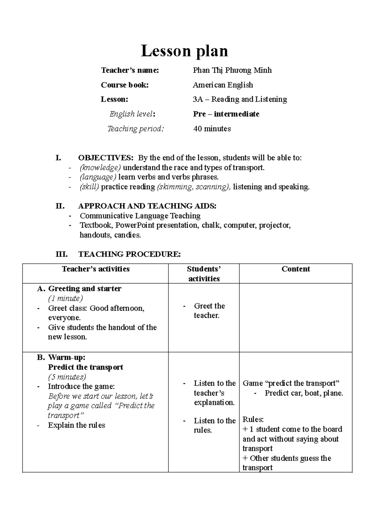 Lesson Plan: Unit 3A - Reading & Listening (Pre-Intermediate) - Studocu
