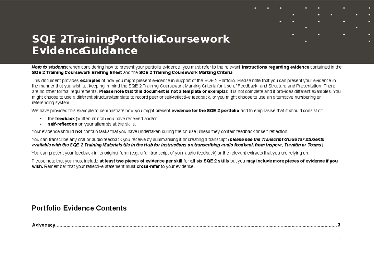 SQE 2 Training Portfolio Evidence Guidance for Students - Studocu