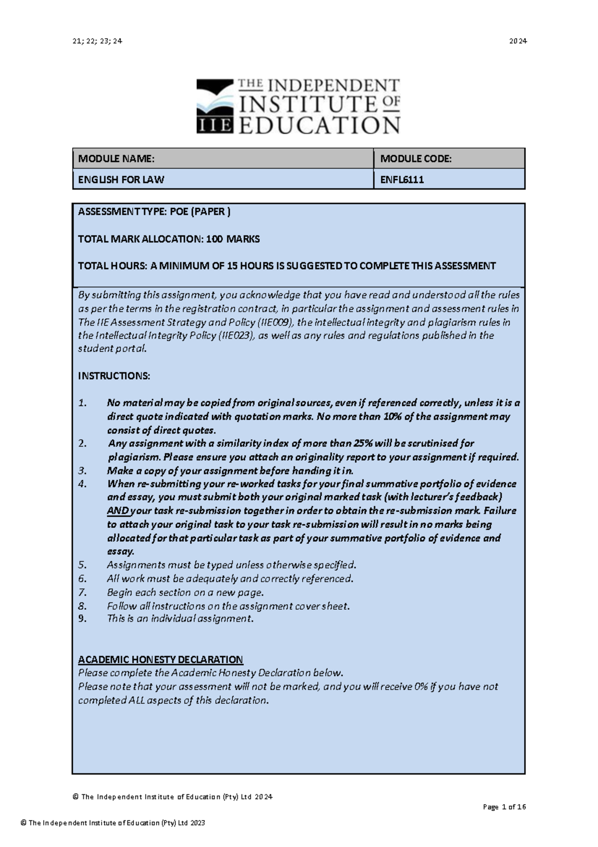 ENFL6111 POE 2 - Portfolio of Evidence for English for Law - Studocu