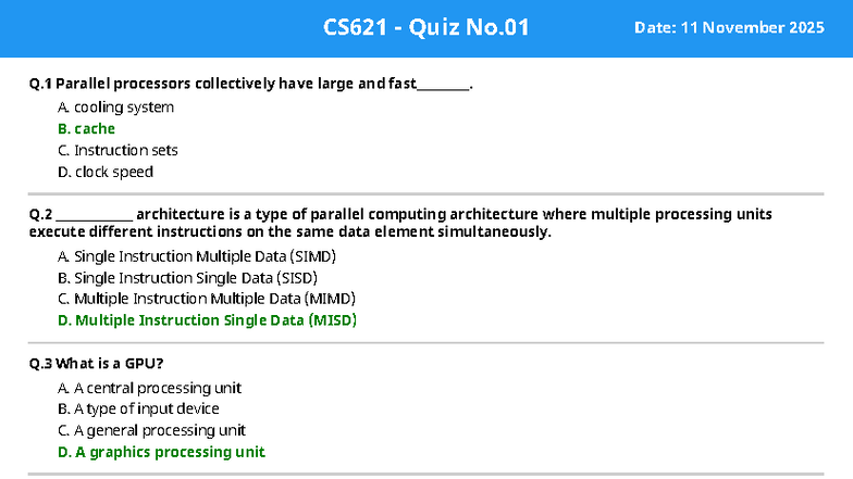 CS621 Quiz No.01 - Parallel Processors and Architectures - Studocu