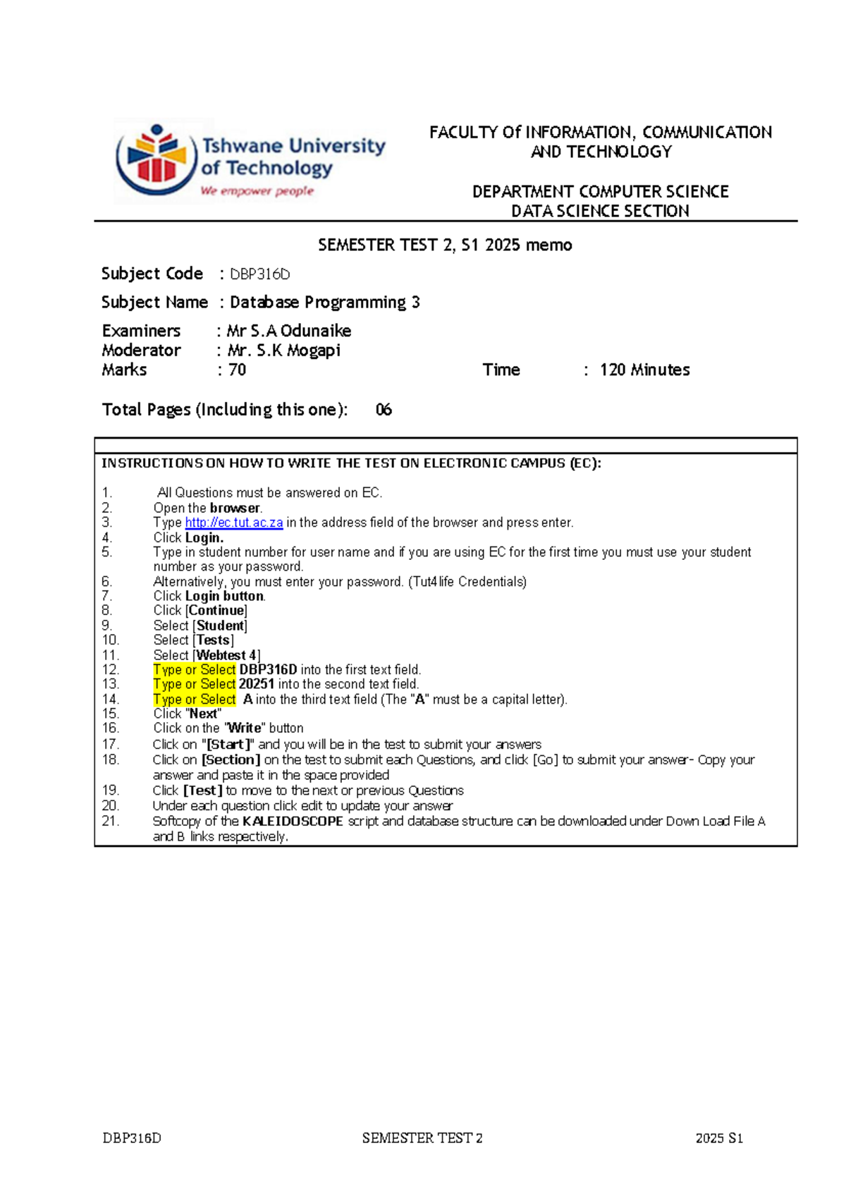 DBP316D Semester Test 2 Memo - Database Programming 3 S1 2025 - Studocu