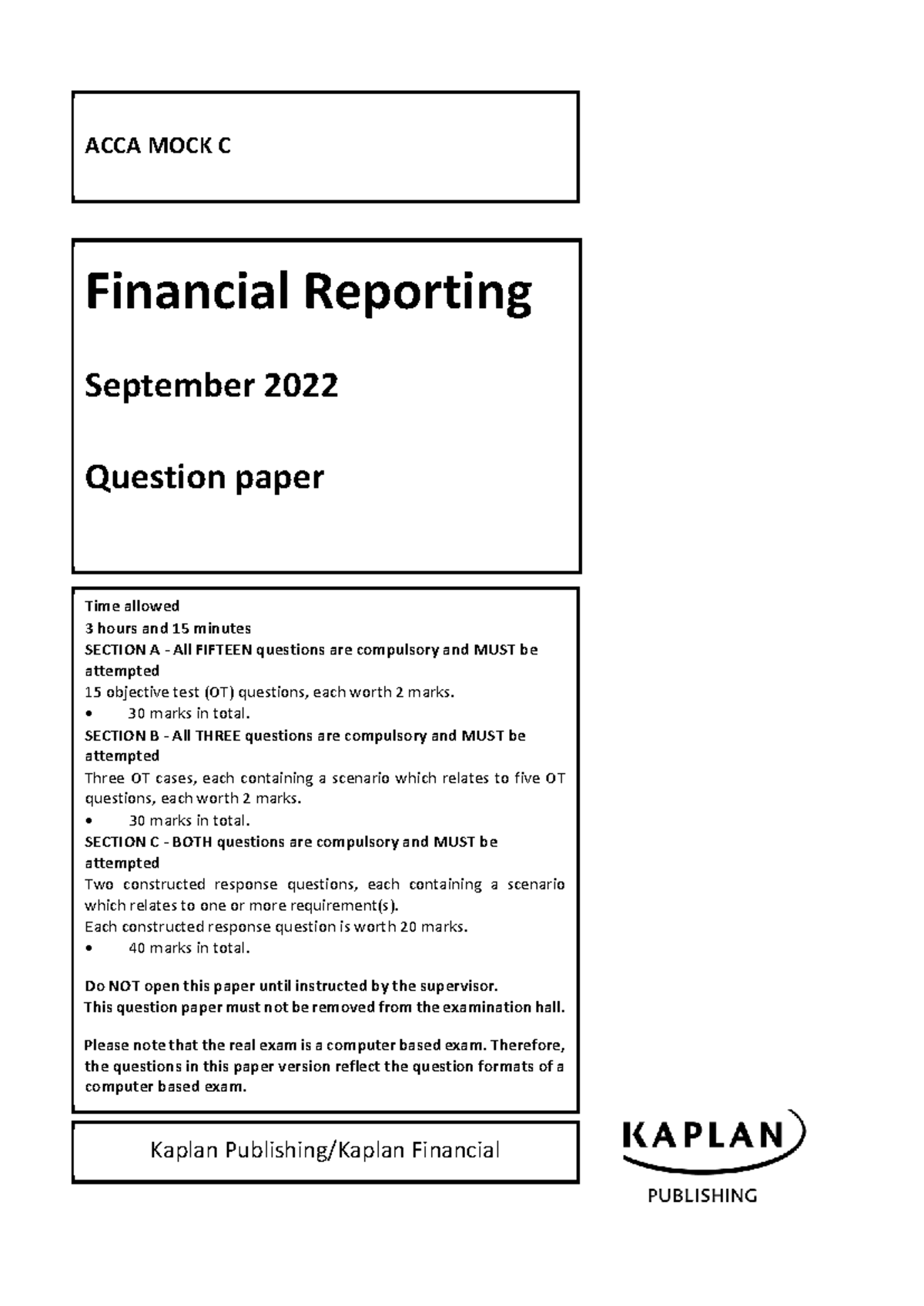FR Mock C - Questions ACCA C Financial Reporting September 2022 - Studocu