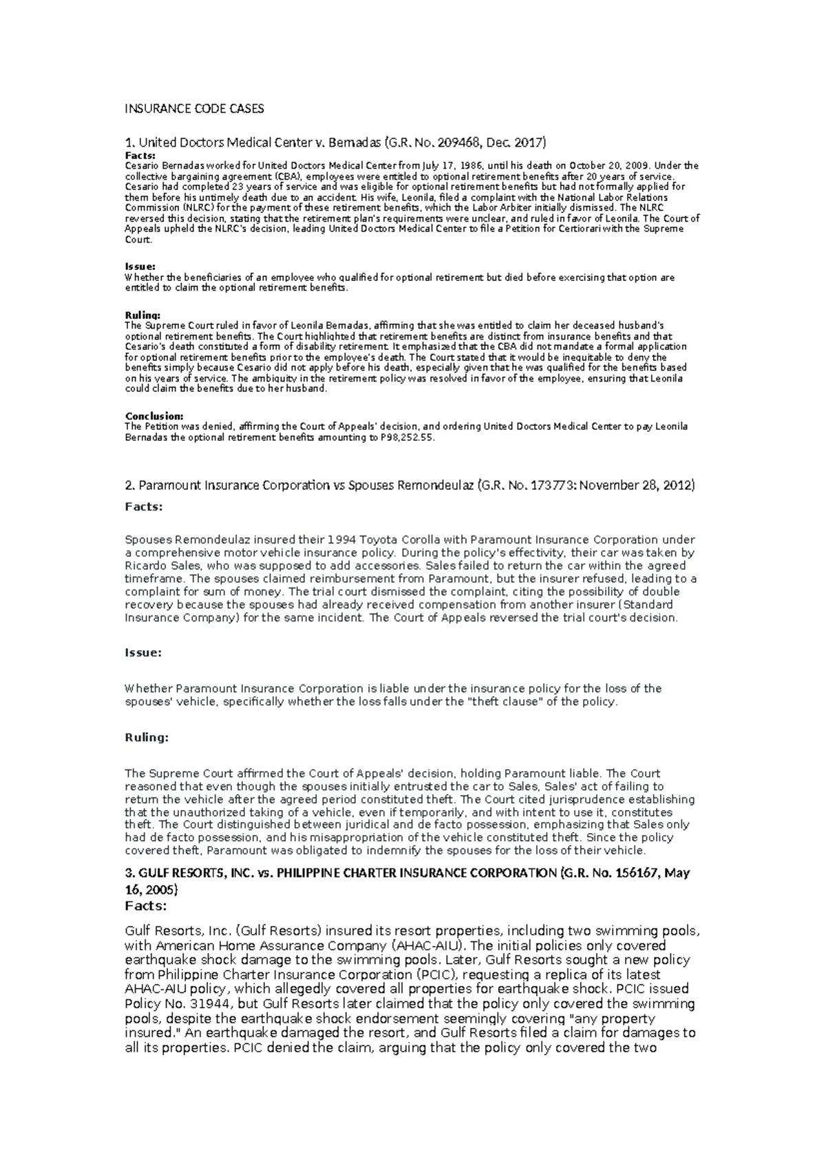 Insurance CODE Cases - Notes - INSURANCE CODE CASES 1. United Doctors ...