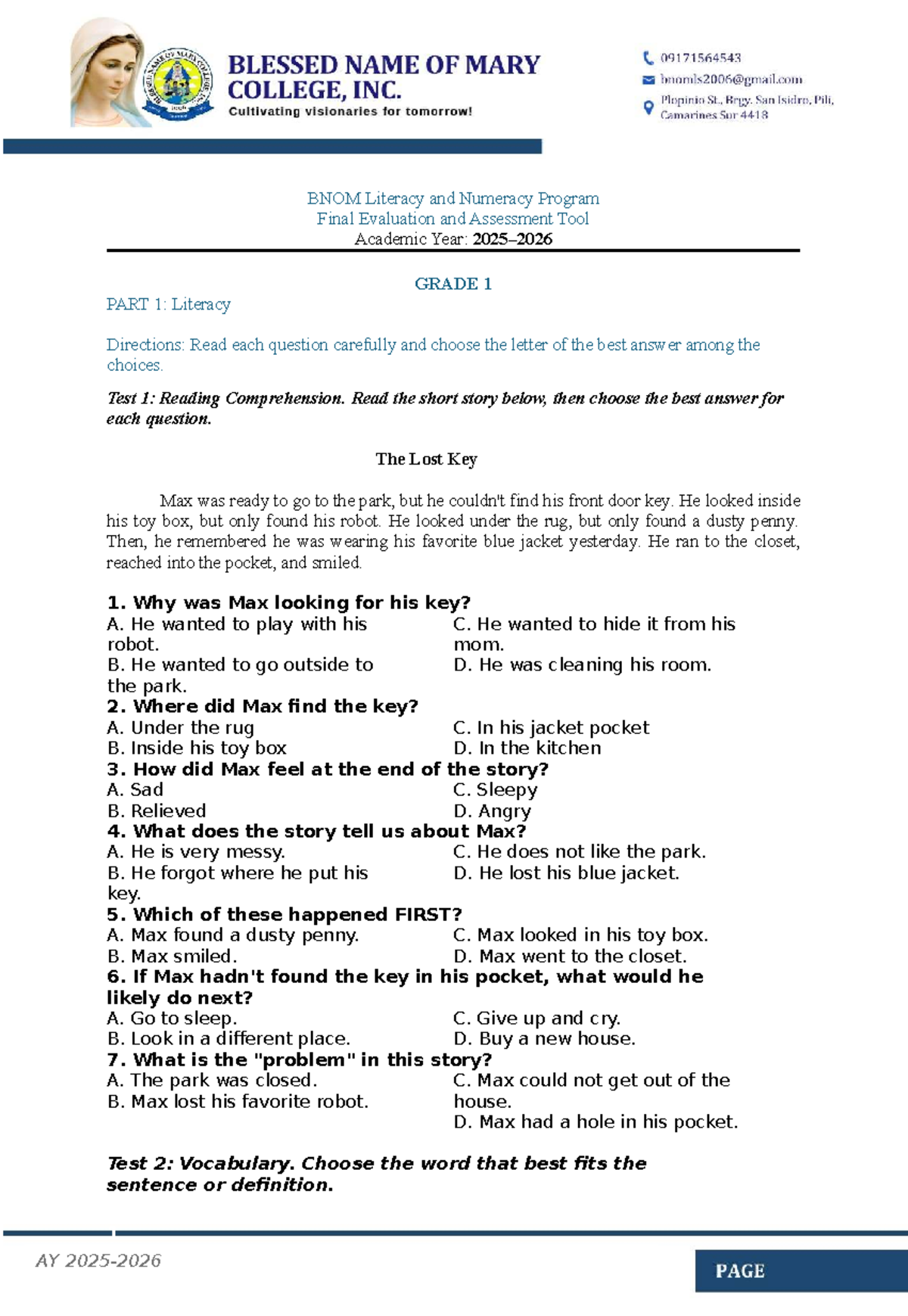 BNOM Literacy & Numeracy Program: Grade 1 Final Assessment Tool - Studocu