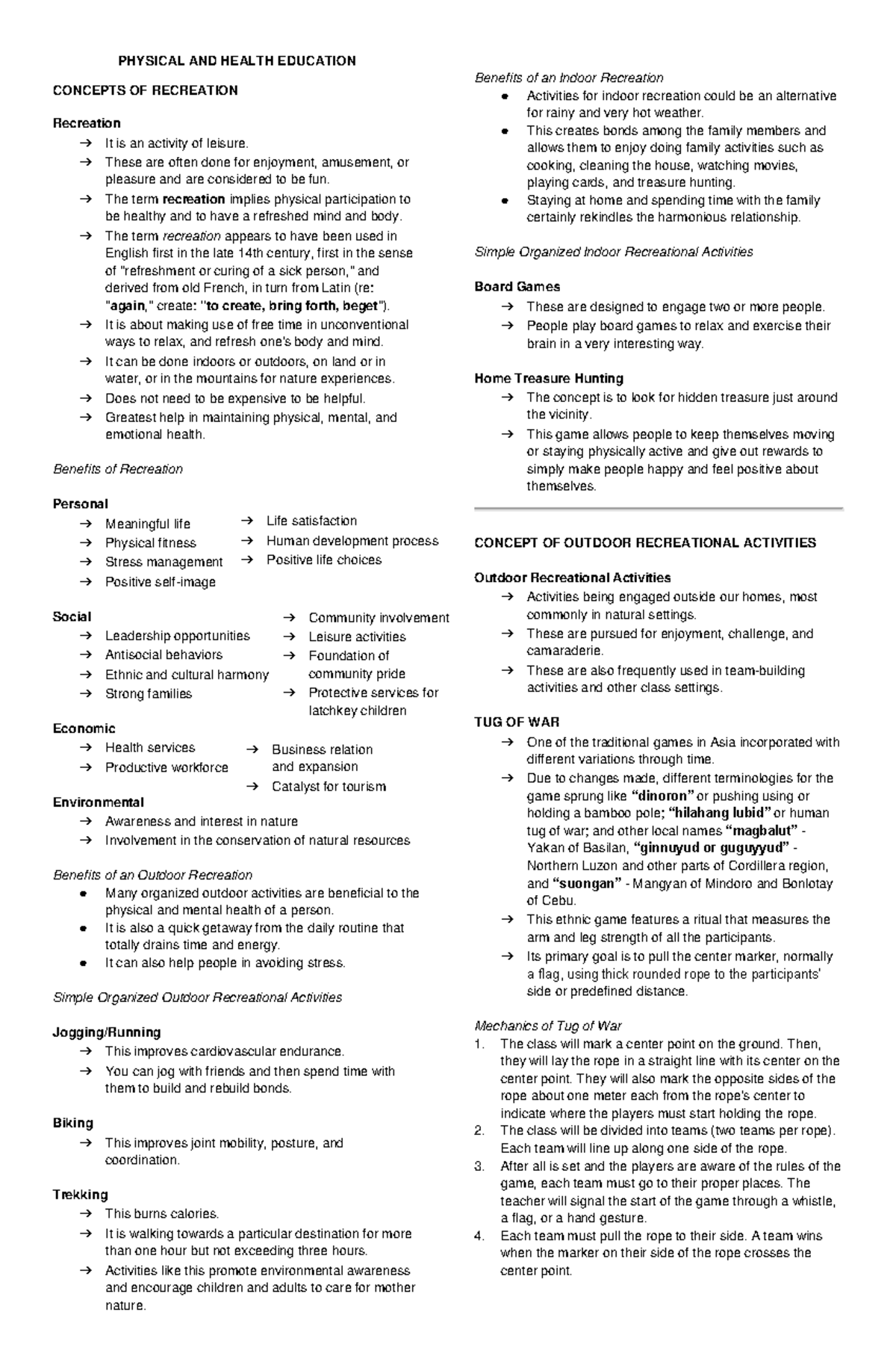PE - Concepts of Recreation: Indoor & Outdoor Activities Guide - Studocu