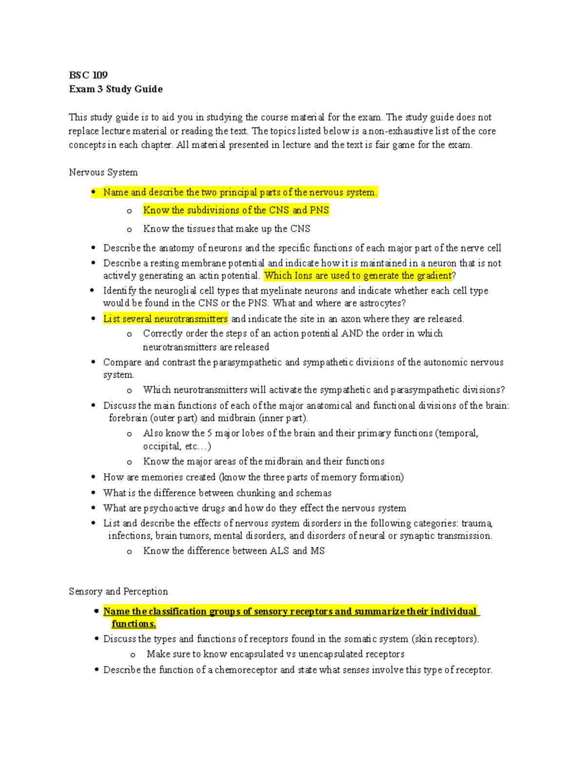 BSC 109 Exam 3 Study Guide - Studocu