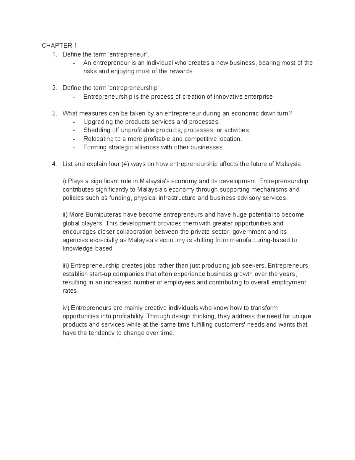 ENT300 chapter 1 & 2 - enterprenuer subject - CHAPTER 1 Define the term ...