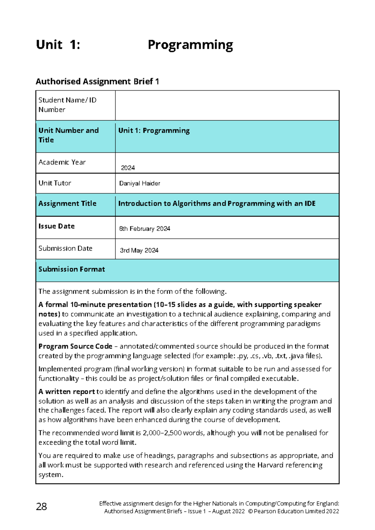 Unit 1 Programming: Assignment Brief on Algorithms & Programming ...