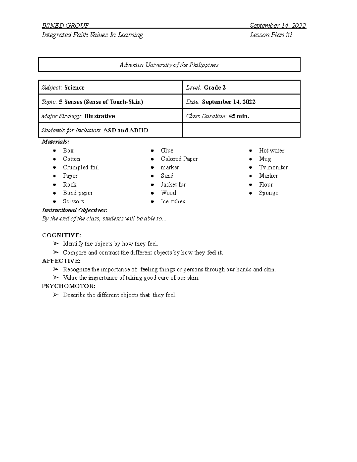 BSED 2nd Grade Science Lesson Plan: Exploring the Sense of Touch - Studocu