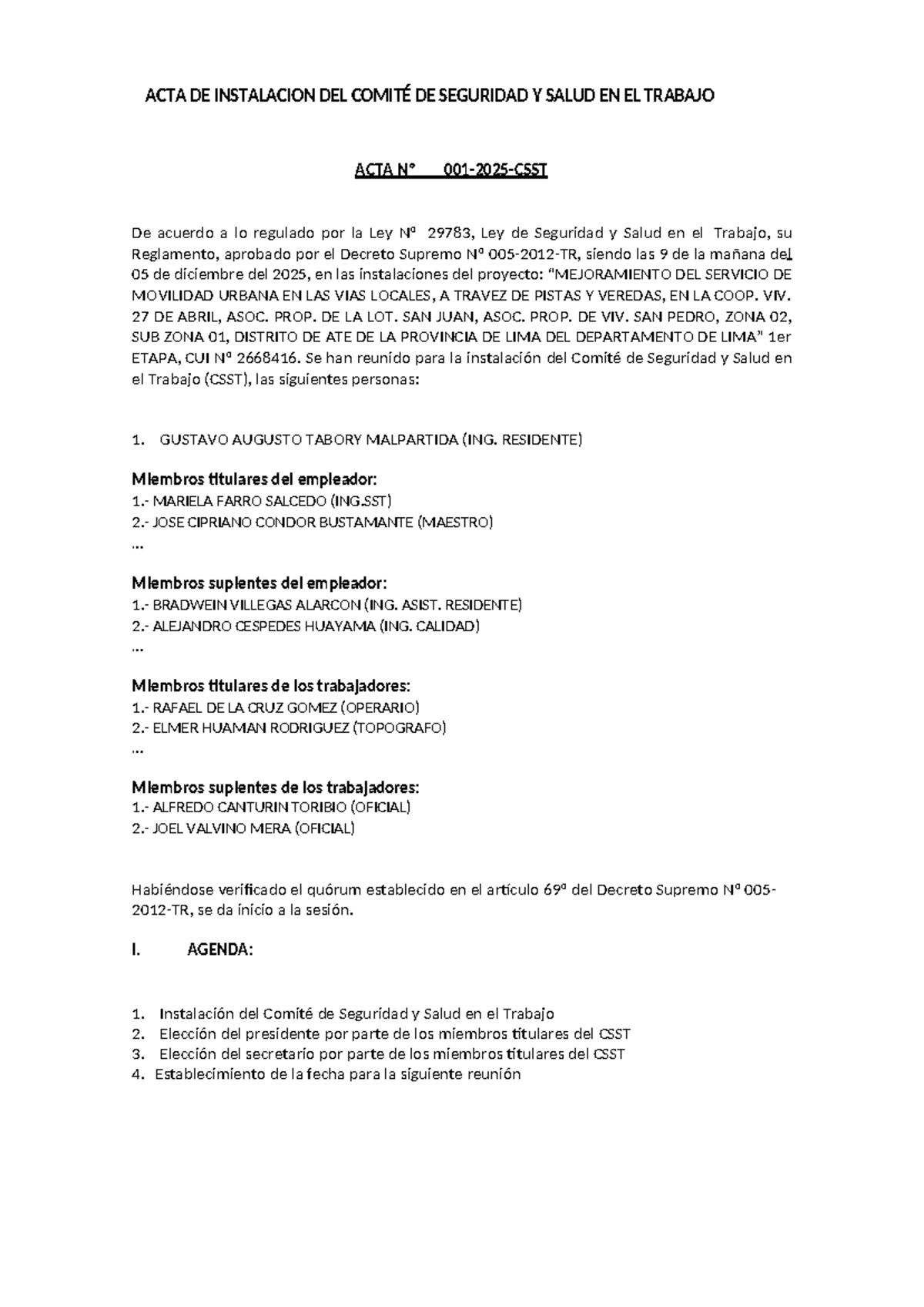 ACTA Nº: Instalación del Comité de Seguridad y Salud en el Trabajo ATE - Document Preview