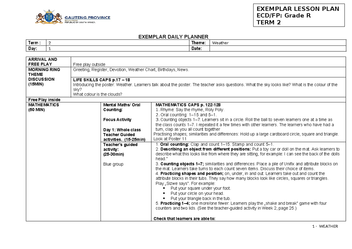 EXEMPLAR LESSON PLAN Grade R TERM 2: Weather Activities and Daily ...