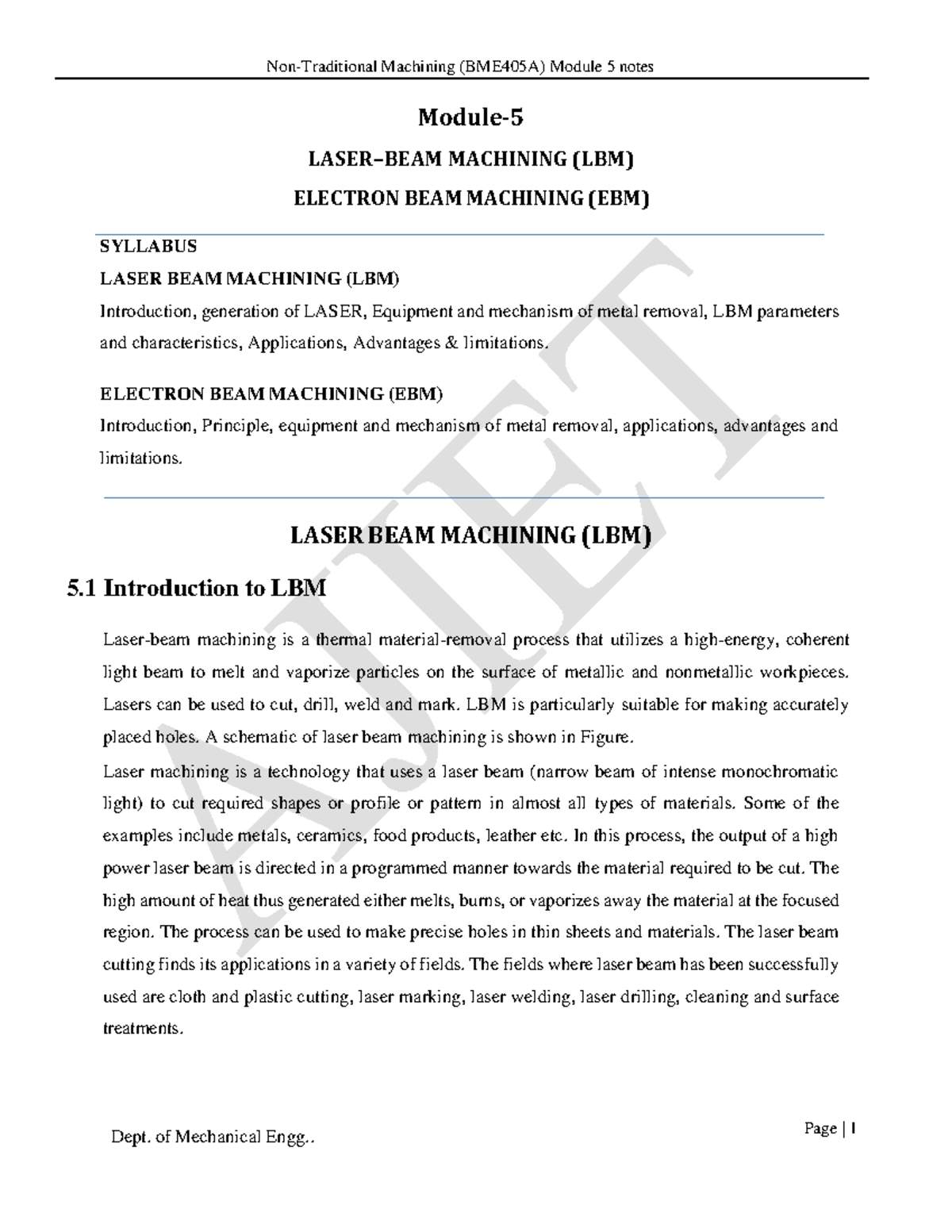 Machining Techniques: EBM & LBM Overview (BME405A) Module 5 Notes - Studocu