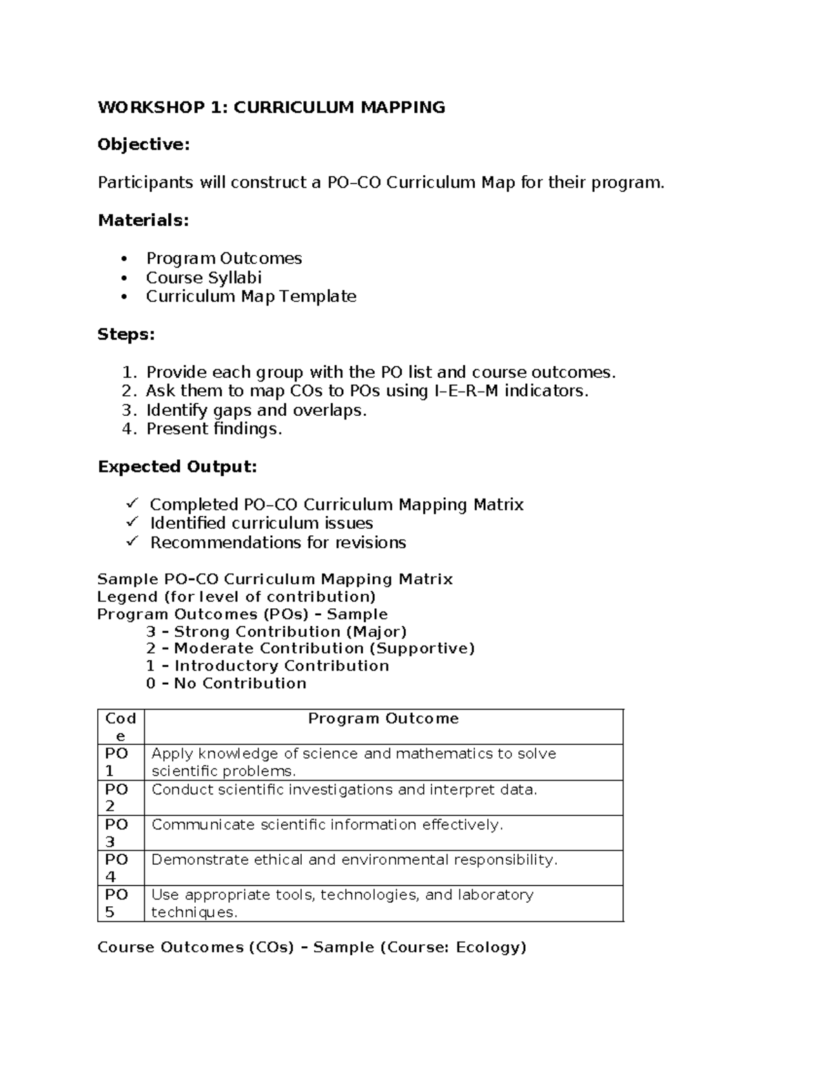 WORKSHOP GUIDE: CURRICULUM MAPPING & EVALUATION TEMPLATE - Studocu