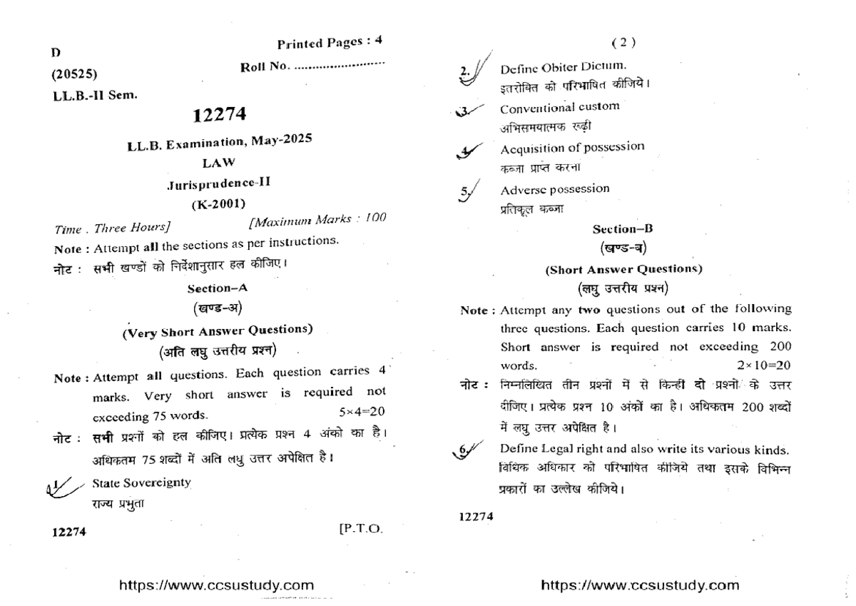 LLB 2 Sem Law Jurisprudence II Exam Notes 12274 May 2025 - Studocu